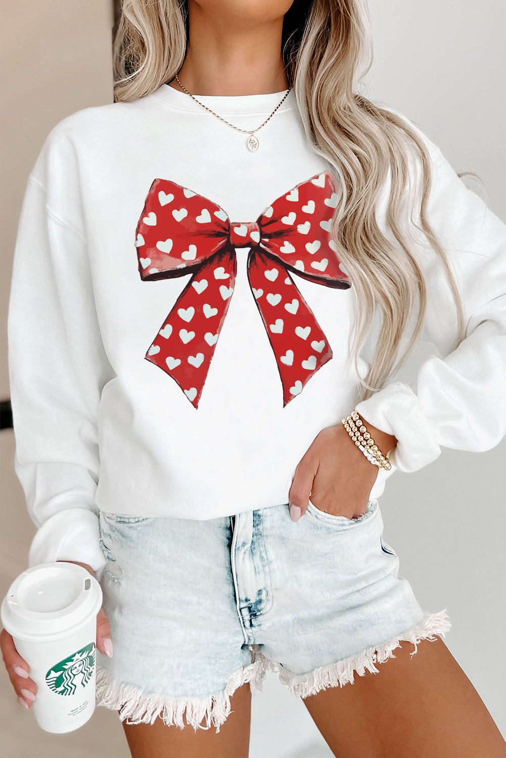 White Heart Bow Printed Round Neck Valentines Pullover Sweatshirt-Graphic Sweatshirts-[Adult]-[Female]-2022 Online Blue Zone Planet