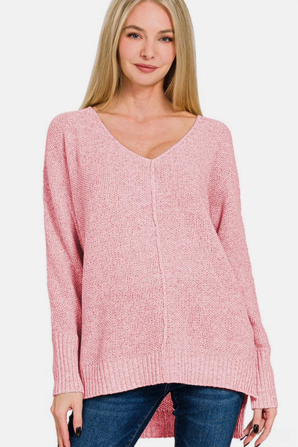 Blue Zone Planet | Zenana High-Low Center Seam V-Neck Sweater-TOPS / DRESSES-[Adult]-[Female]-Dusty Pink-S-2022 Online Blue Zone Planet