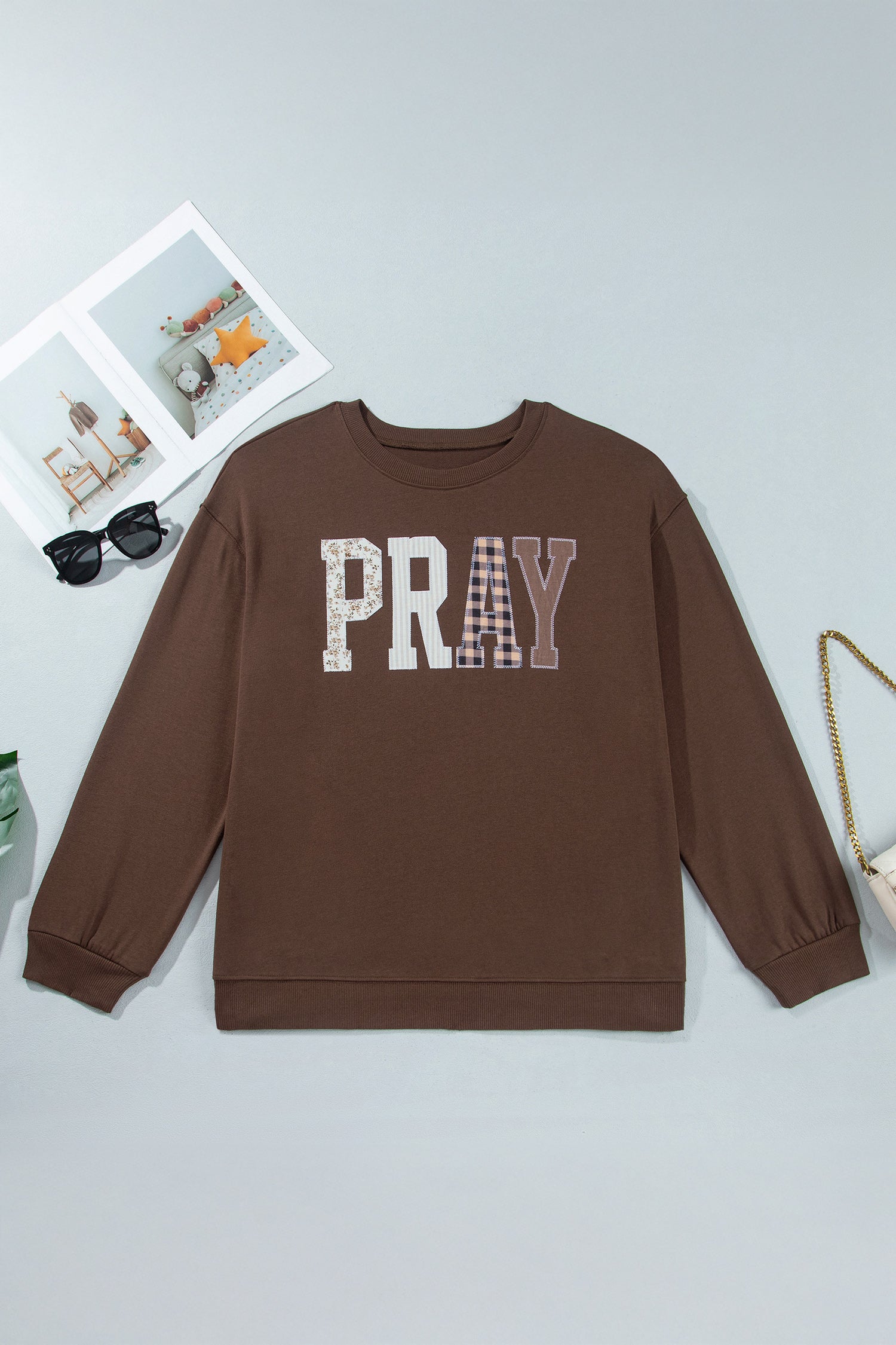 Coffee PRAY Letter Patchwork Round Neck Long Sleeve Plus Size Sweatshirt-Plus Size/Plus Size Sweatshirts & Hoodies-[Adult]-[Female]-2022 Online Blue Zone Planet