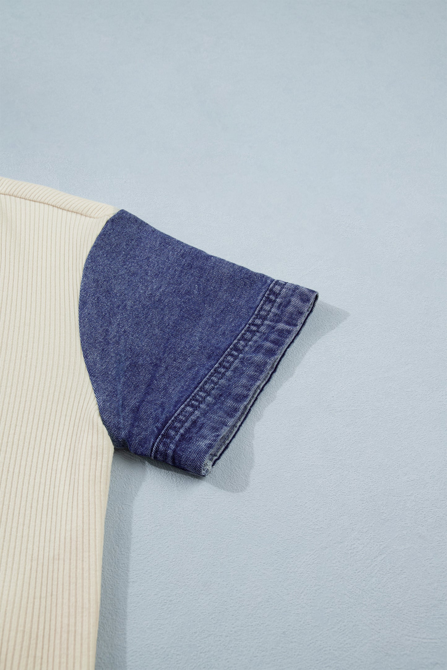 Beige Denim Patchwork Short Sleeve Ribbed Shirt-Tops/Blouses & Shirts-[Adult]-[Female]-2022 Online Blue Zone Planet