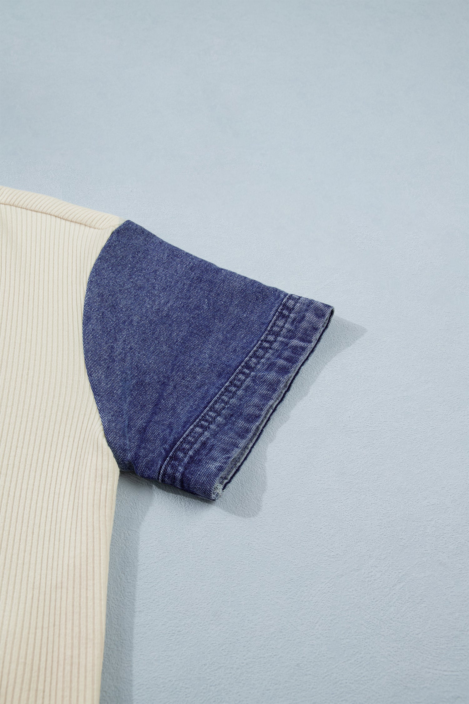 Beige Denim Patchwork Short Sleeve Ribbed Shirt-Tops/Blouses & Shirts-[Adult]-[Female]-2022 Online Blue Zone Planet