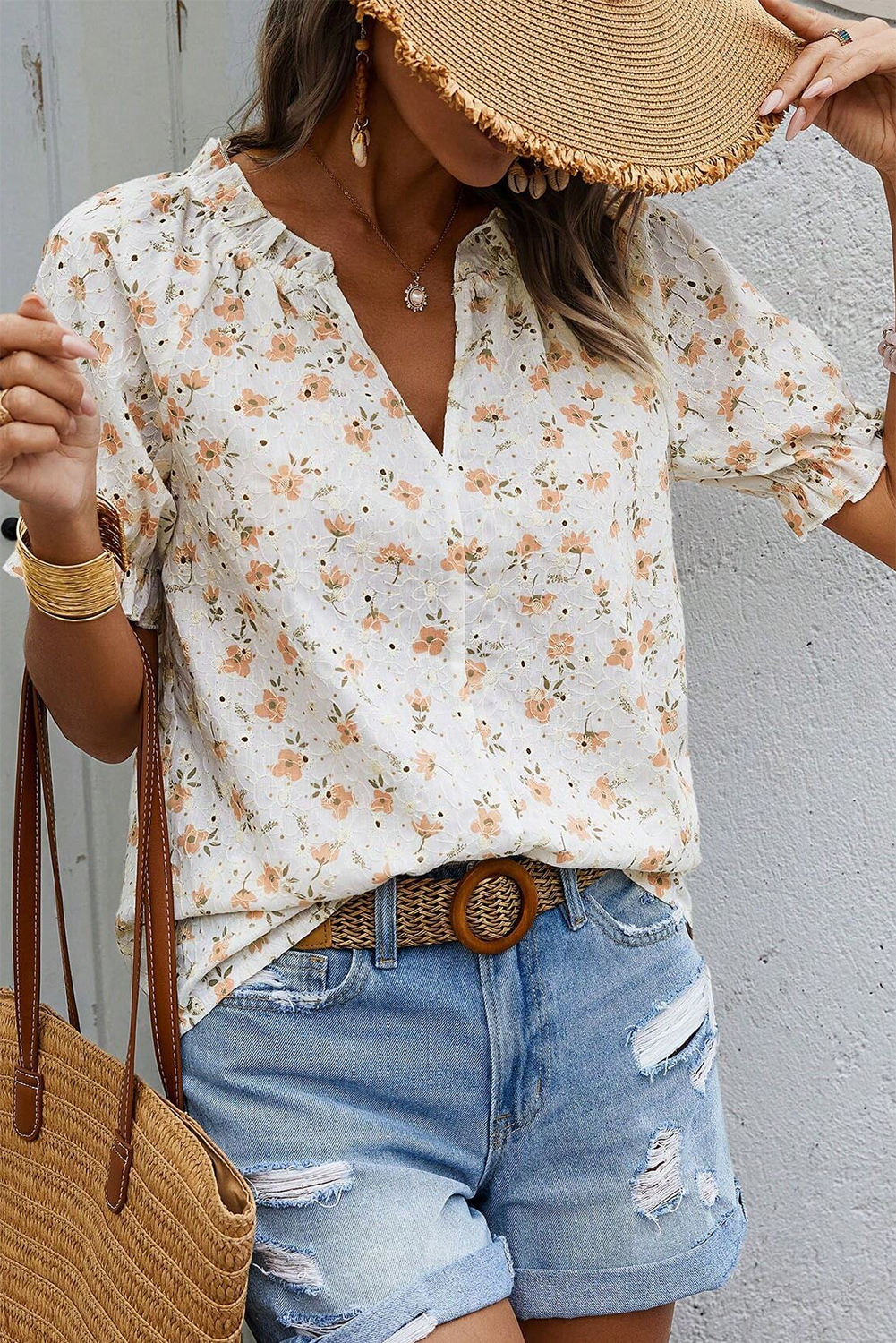 White Floral Eyelet Embroidered Puff Sleeve Notch V Neck Blouse-Tops/Blouses & Shirts-[Adult]-[Female]-2022 Online Blue Zone Planet