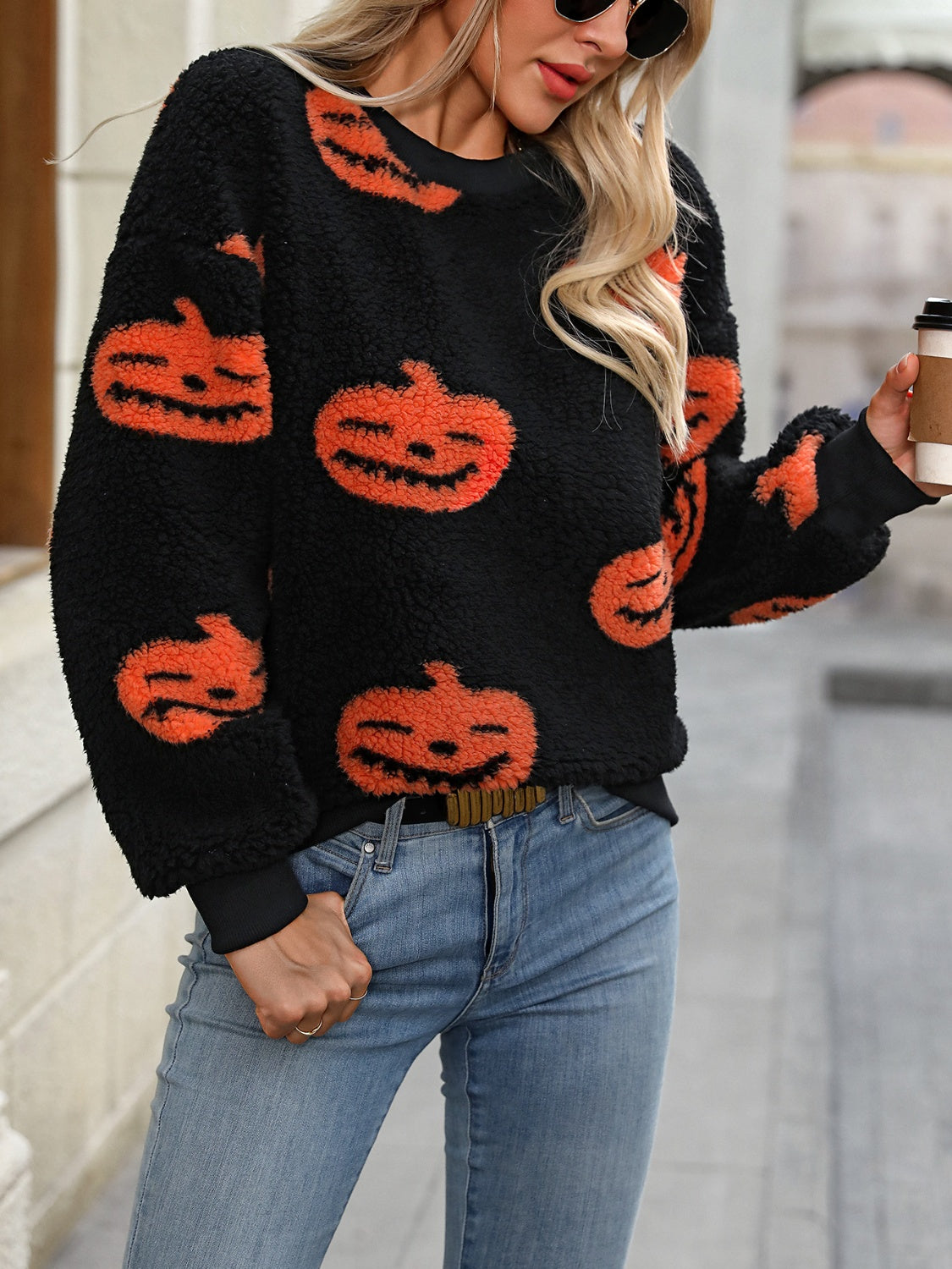 Fuzzy Pumpkin Round Neck Dropped Shoulder Sweater-TOPS / DRESSES-[Adult]-[Female]-2022 Online Blue Zone Planet