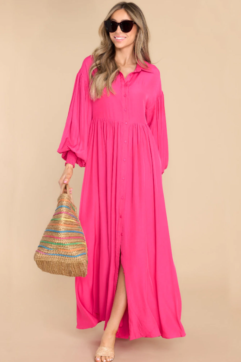 Blue Zone Planet | Rose Bubble Sleeve Shirt Maxi Dress-TOPS / DRESSES-[Adult]-[Female]-2022 Online Blue Zone Planet