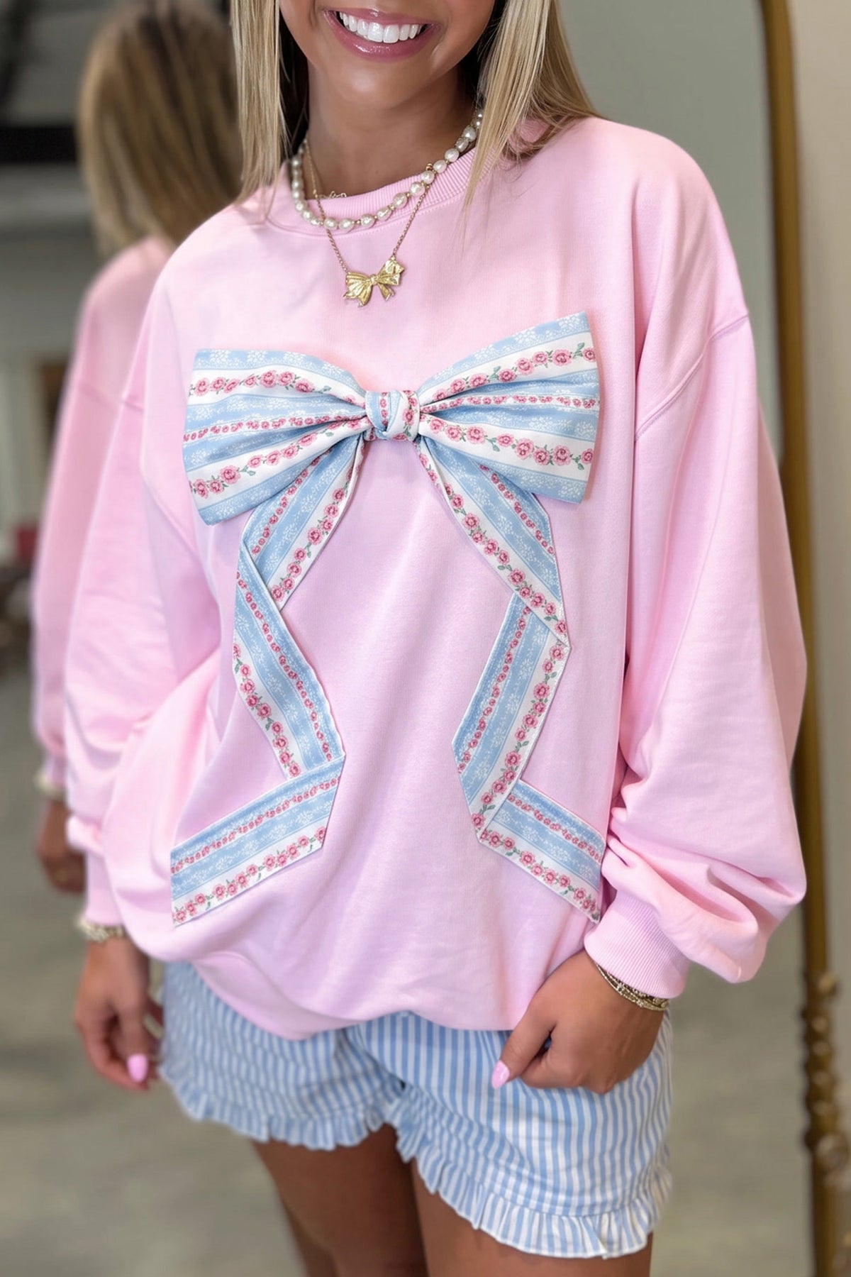 Pink Floral Bow Decoration Drop Shoulder Long Sleeve Top-Tops/Long Sleeve Tops-[Adult]-[Female]-Pink-S-2022 Online Blue Zone Planet