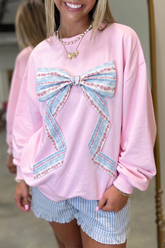 Pink Floral Bow Decoration Drop Shoulder Long Sleeve Top-Tops/Long Sleeve Tops-[Adult]-[Female]-Pink-S-2022 Online Blue Zone Planet