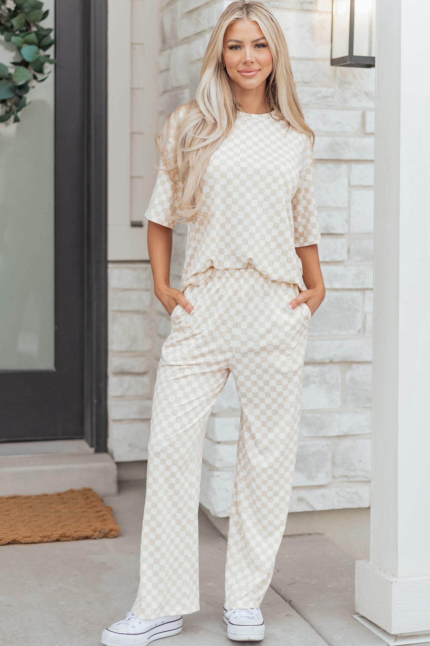 Khaki Checkered Print Half Sleeve Tee 2pcs Lounge Pant Set-Loungewear & Sleepwear/Loungewear-[Adult]-[Female]-2022 Online Blue Zone Planet