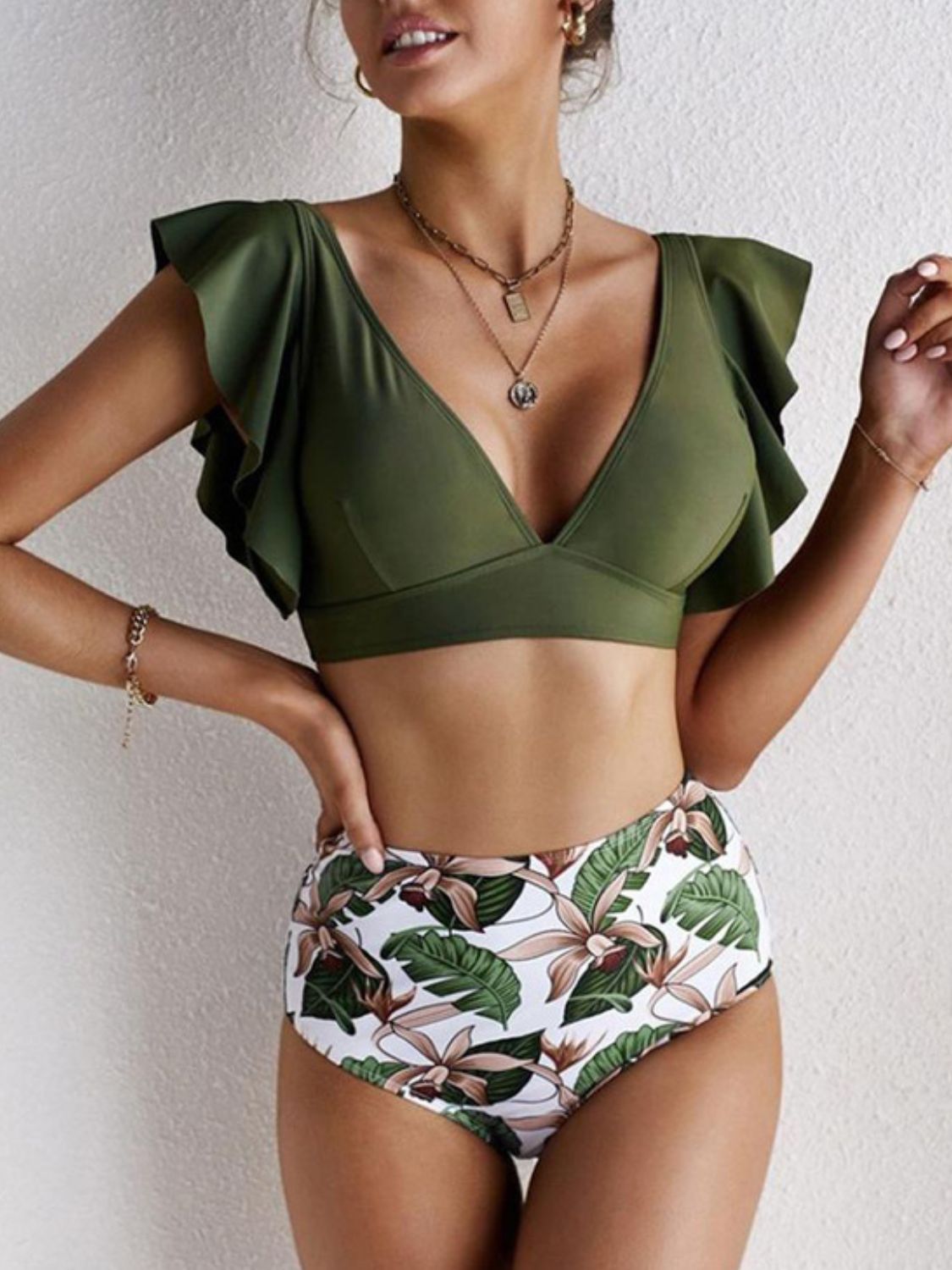 Ruffled Printed V-Neck Two-Piece Swim Set-TOPS / DRESSES-[Adult]-[Female]-Army Green-S-2022 Online Blue Zone Planet