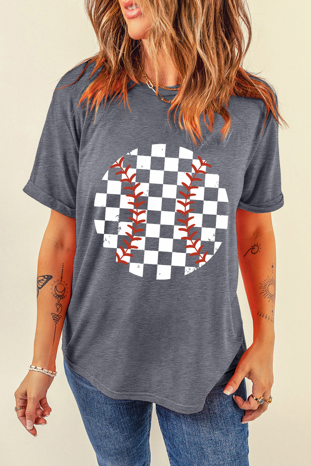 Gray Vintage Checkered Baseball Graphic Tee-Graphic/Graphic Tees-[Adult]-[Female]-2022 Online Blue Zone Planet