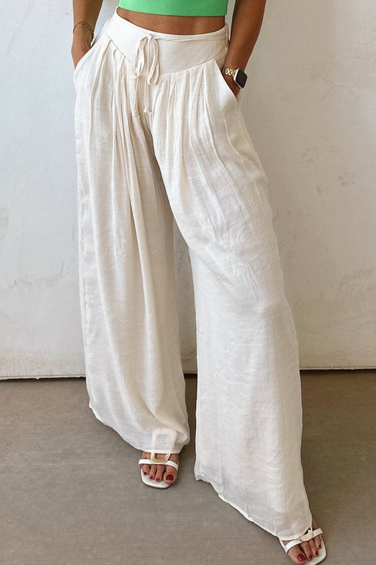 White Casual Tie Waist Pleated Wide Leg Pants-Bottoms/Pants & Culotte-[Adult]-[Female]-White-S-2022 Online Blue Zone Planet