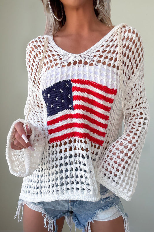 White Hollow Out Crochet Knit American Flag Patched Sweater Hoodie-Tops / Dresses-[Adult]-[Female]-White-S-2022 Online Blue Zone Planet