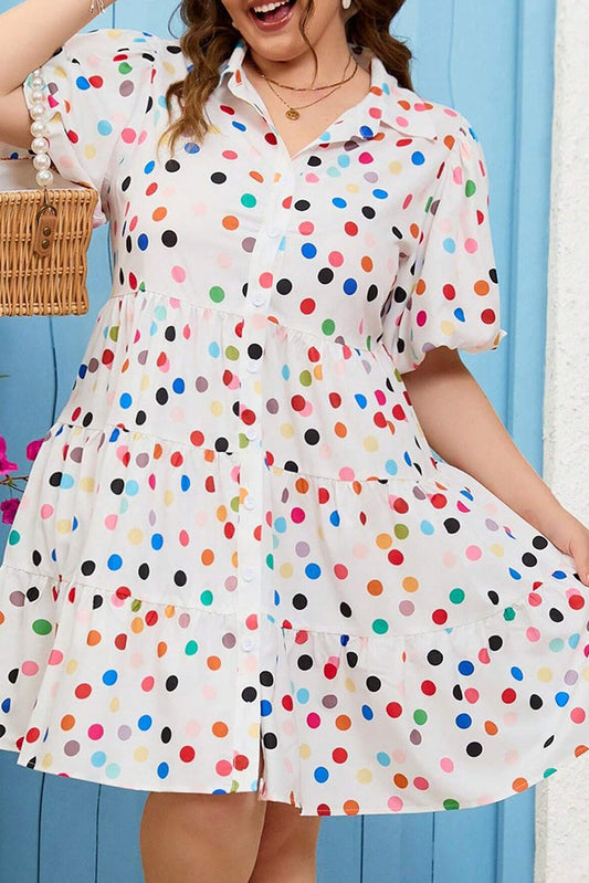 White Polka Dot Print Bubble Sleeve Button Up Plus Size Shirt Dress-Plus Size Dresses-[Adult]-[Female]-White-1X-2022 Online Blue Zone Planet