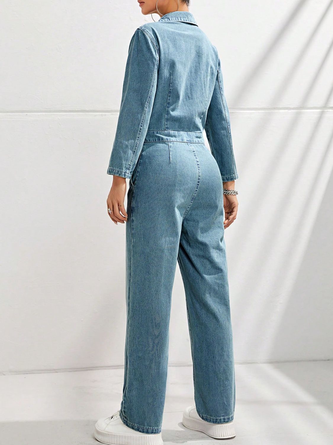 Half Button Long Sleeve Straight Leg Denim Jumpsuit-TOPS / DRESSES-[Adult]-[Female]-2022 Online Blue Zone Planet