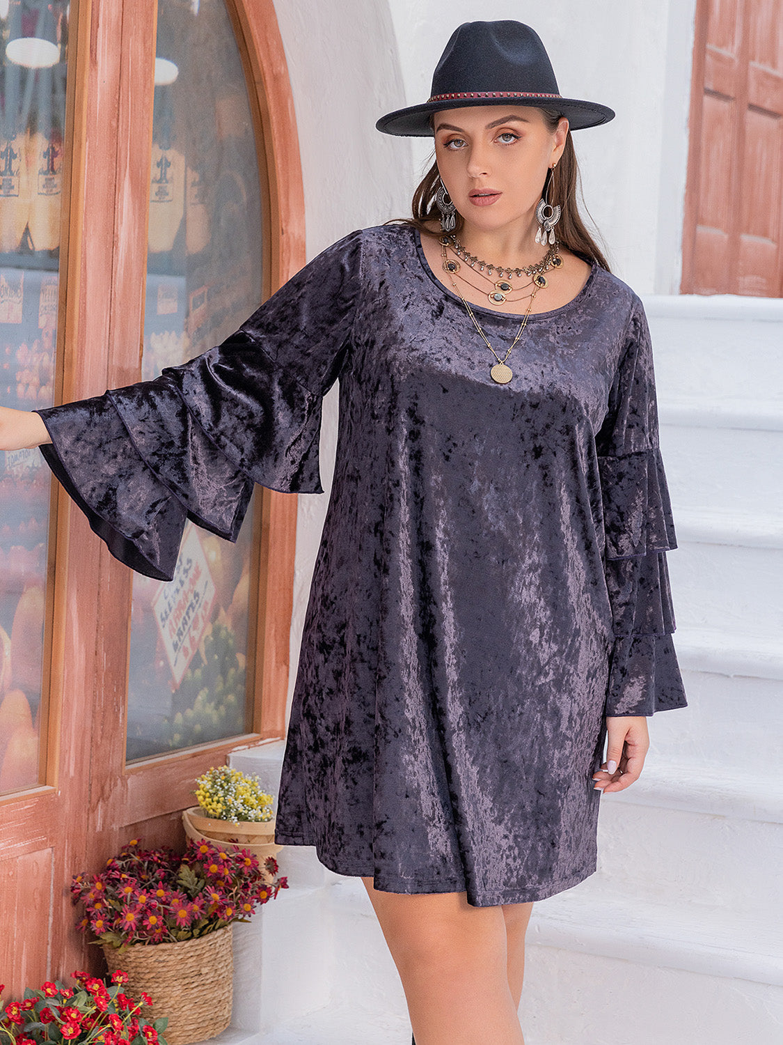 Blue Zone Planet | Plus Size Round Neck Flounce Sleeve Mini Dress-TOPS / DRESSES-[Adult]-[Female]-2022 Online Blue Zone Planet