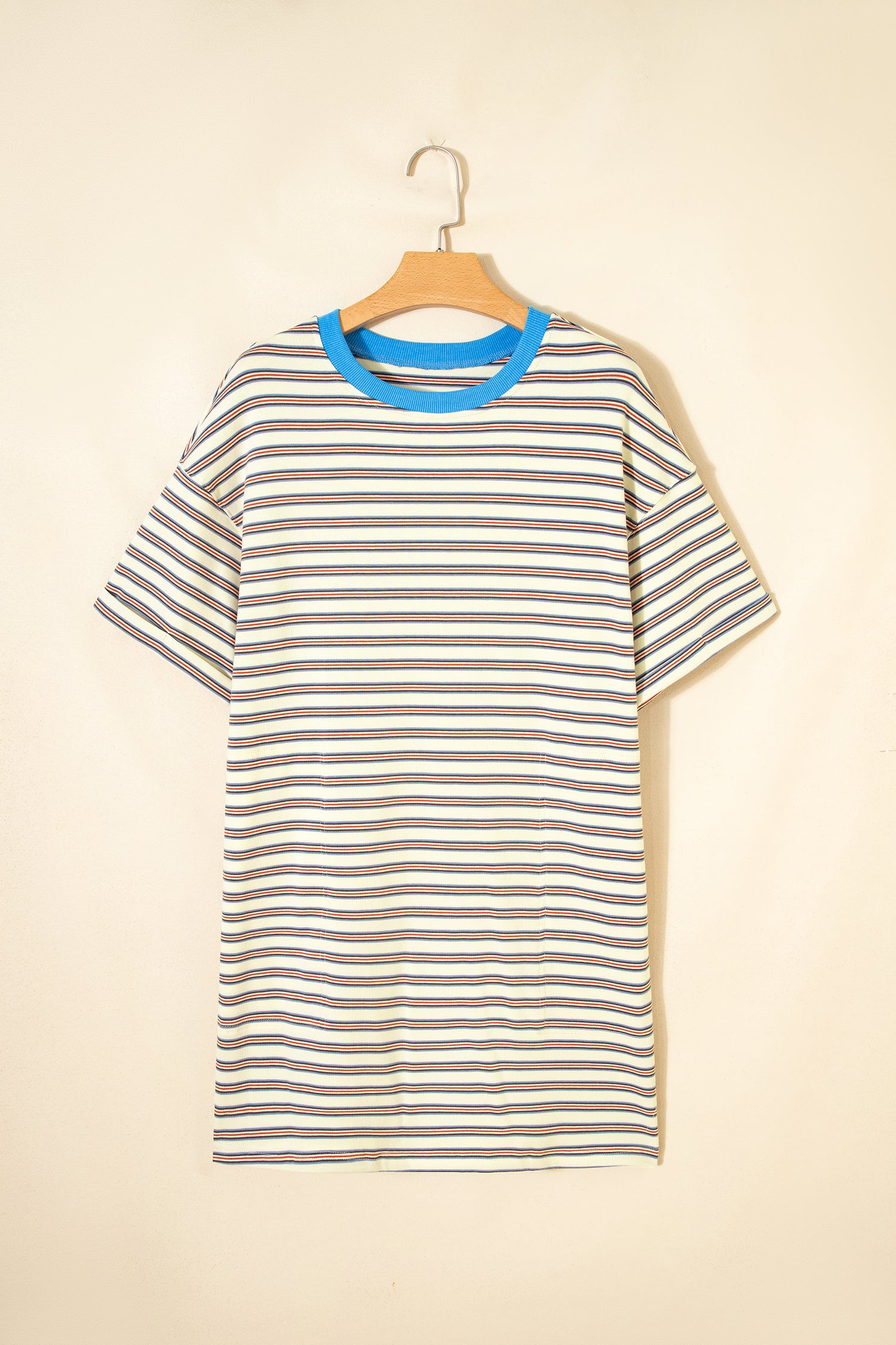 White Stripe Drop Shoulder Cuffed Sleeve Loose Tunic T Shirt Mini Dress-TOPS / DRESSES-[Adult]-[Female]-2022 Online Blue Zone Planet