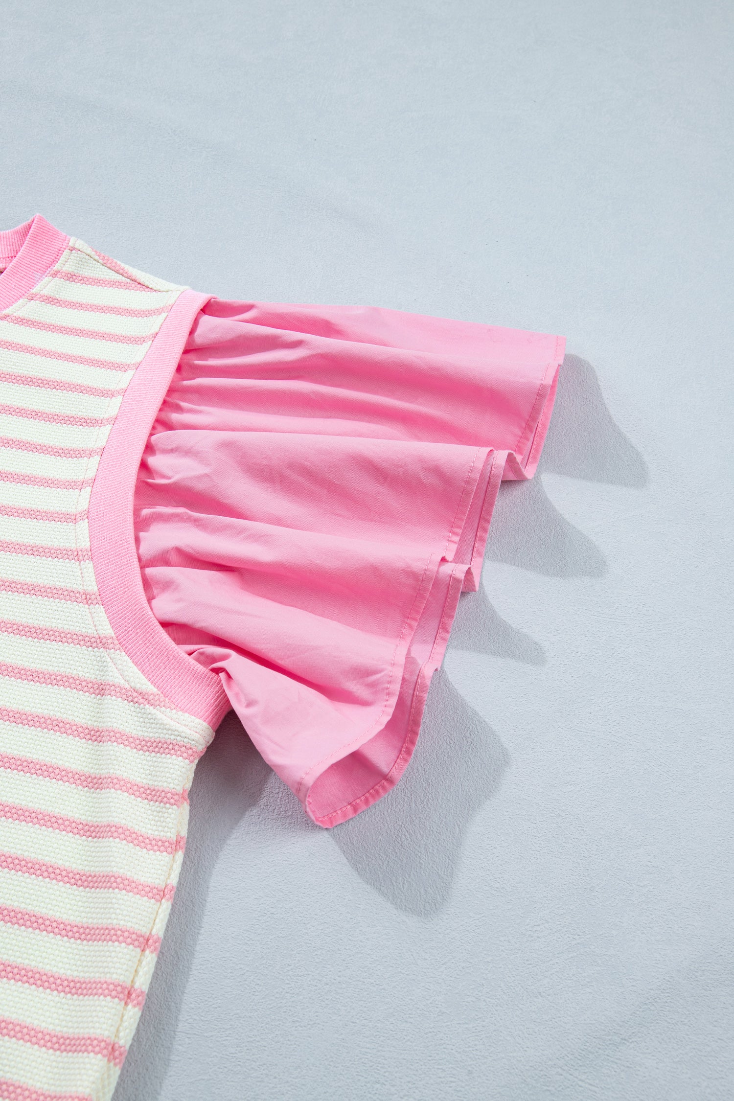 Pink Stripe Ruffled Short Sleeve Patchwork Blouse-Tops/Blouses & Shirts-[Adult]-[Female]-2022 Online Blue Zone Planet