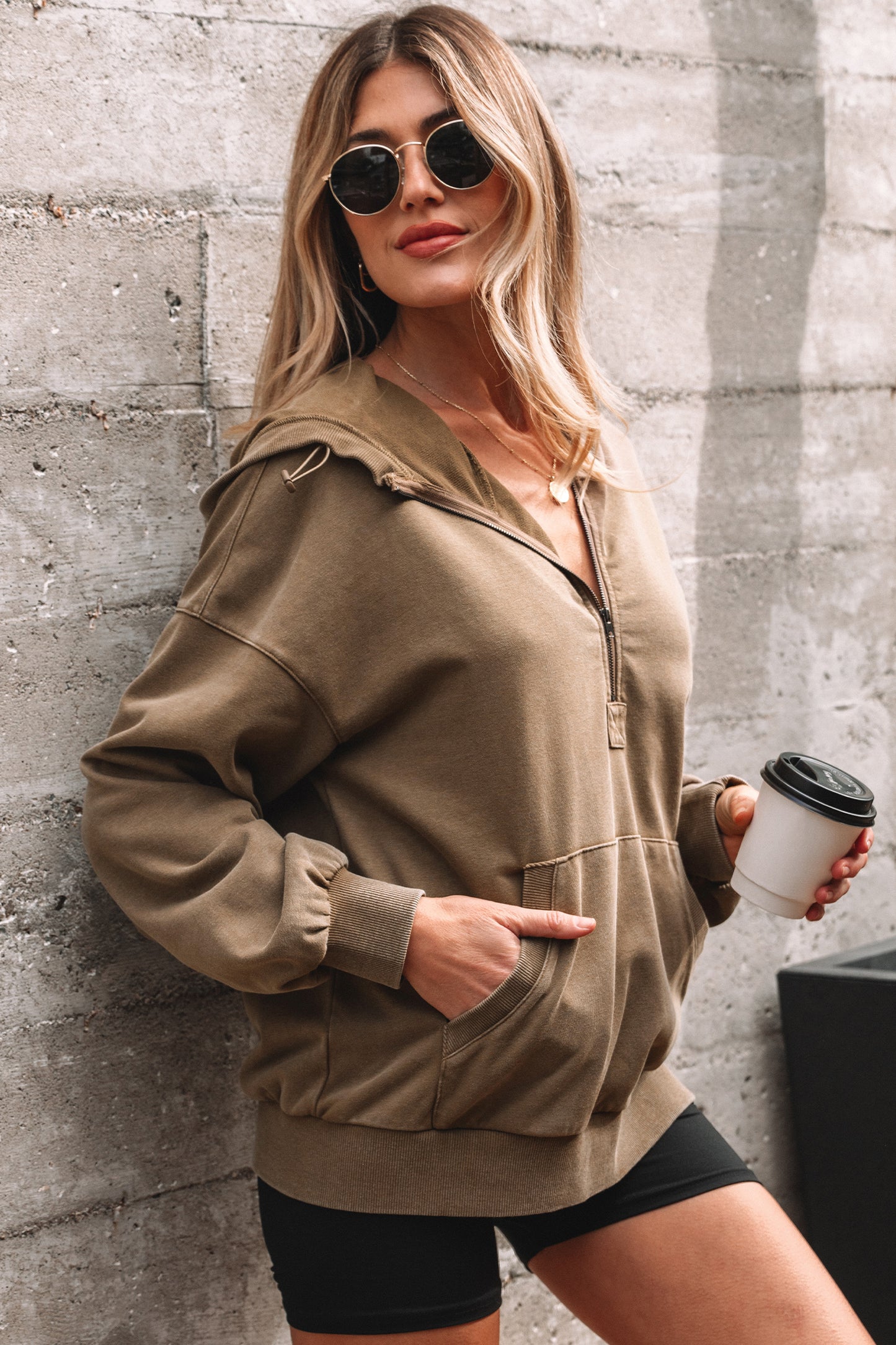 Elmwood Half Zip Kangaroo Pocket Mineral Wash Baggy Hoodie-Tops / Dresses-[Adult]-[Female]-2022 Online Blue Zone Planet