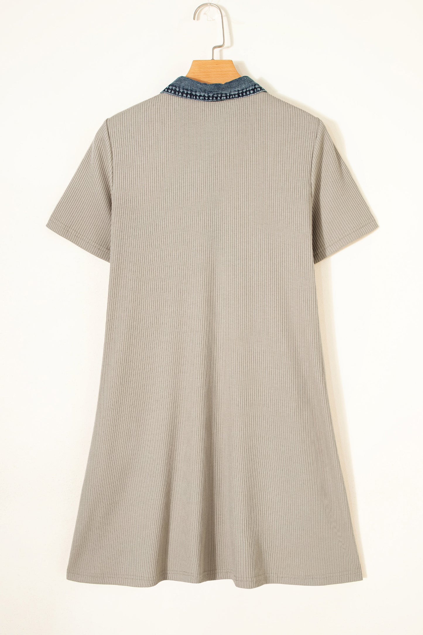Beige Short Sleeve Ribbed Knit Denim Patchwork Polo Collar Dress-Dresses/T Shirt Dresses-[Adult]-[Female]-2022 Online Blue Zone Planet