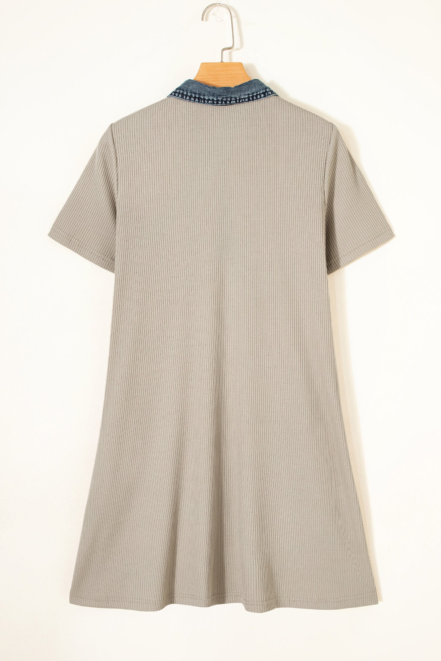 Beige Short Sleeve Ribbed Knit Denim Patchwork Polo Collar Dress-Dresses/T Shirt Dresses-[Adult]-[Female]-2022 Online Blue Zone Planet