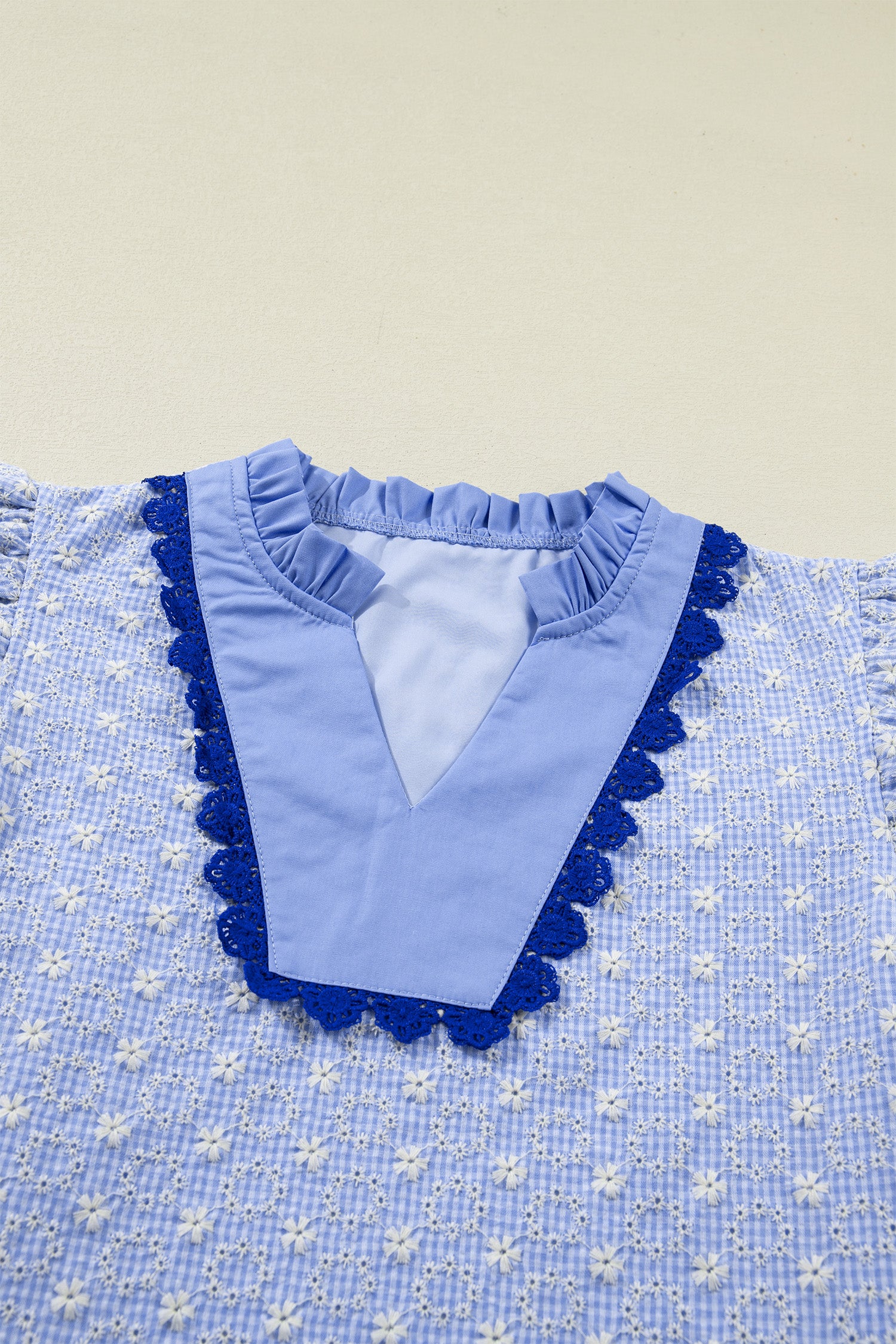 Beau Blue Eyelet Embroidered Flower Texture Contrast Lace Trim Flutter Sleeve Blouse-Tops/Blouses & Shirts-[Adult]-[Female]-2022 Online Blue Zone Planet