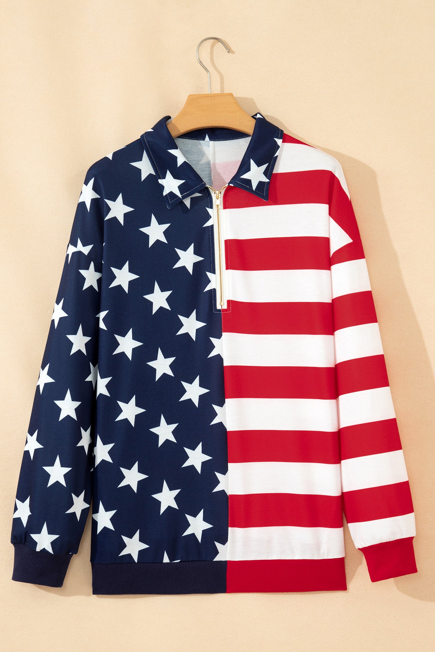 Multicolour Stars Stripes American Flag Zipped Collar Oversized Sweatshirt-Tops/Sweatshirts & Hoodies-[Adult]-[Female]-2022 Online Blue Zone Planet