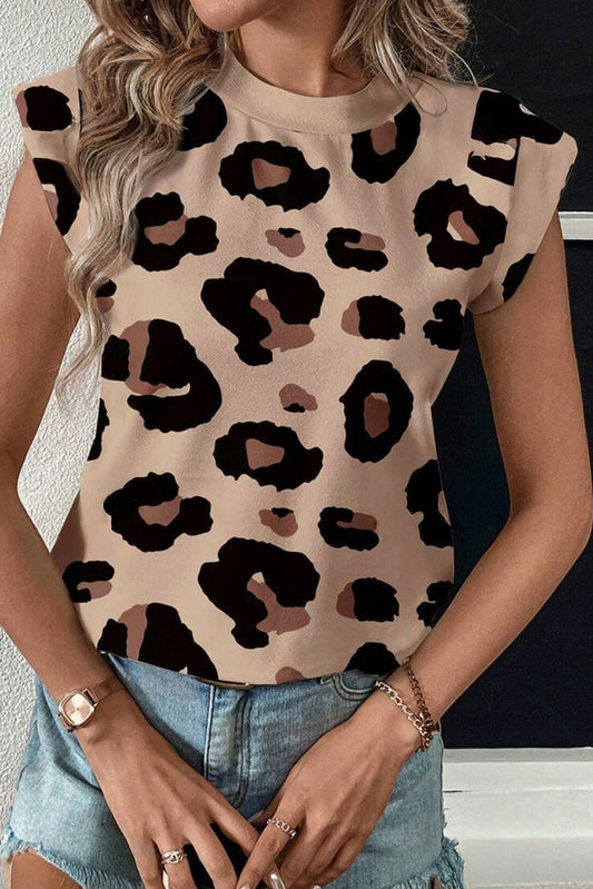 Khaki Leopard Crew Neck Cap Sleeve Casual Tee-Tops/Tops & Tees-[Adult]-[Female]-Khaki-S-2022 Online Blue Zone Planet