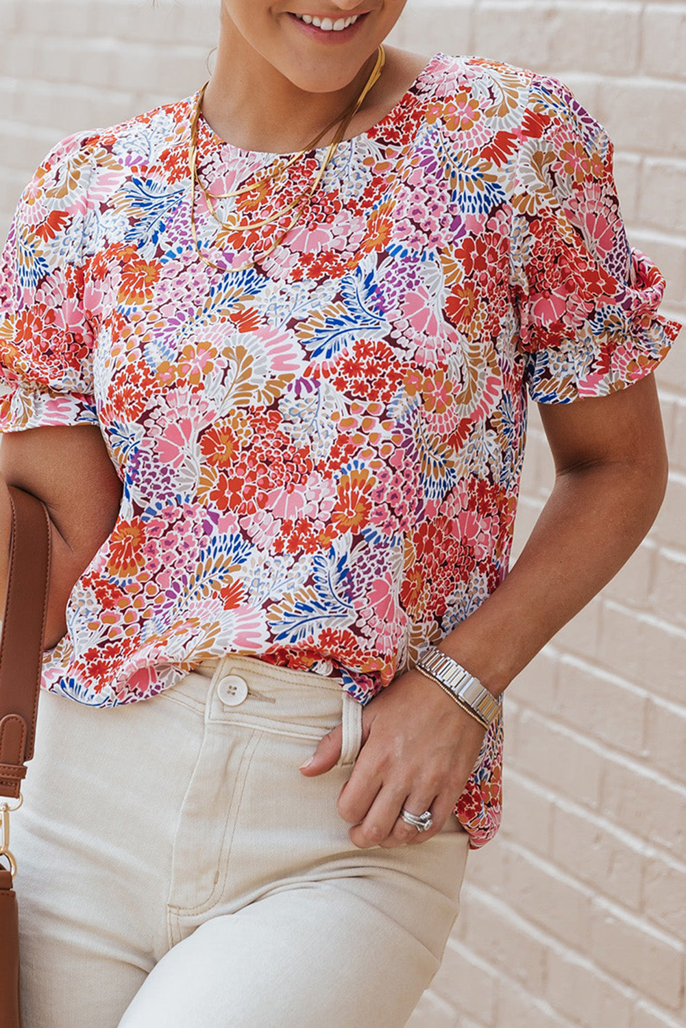 Multicolor Mix Floral Pattern Bubble Sleeve Blouse-Tops/Blouses & Shirts-[Adult]-[Female]-2022 Online Blue Zone Planet