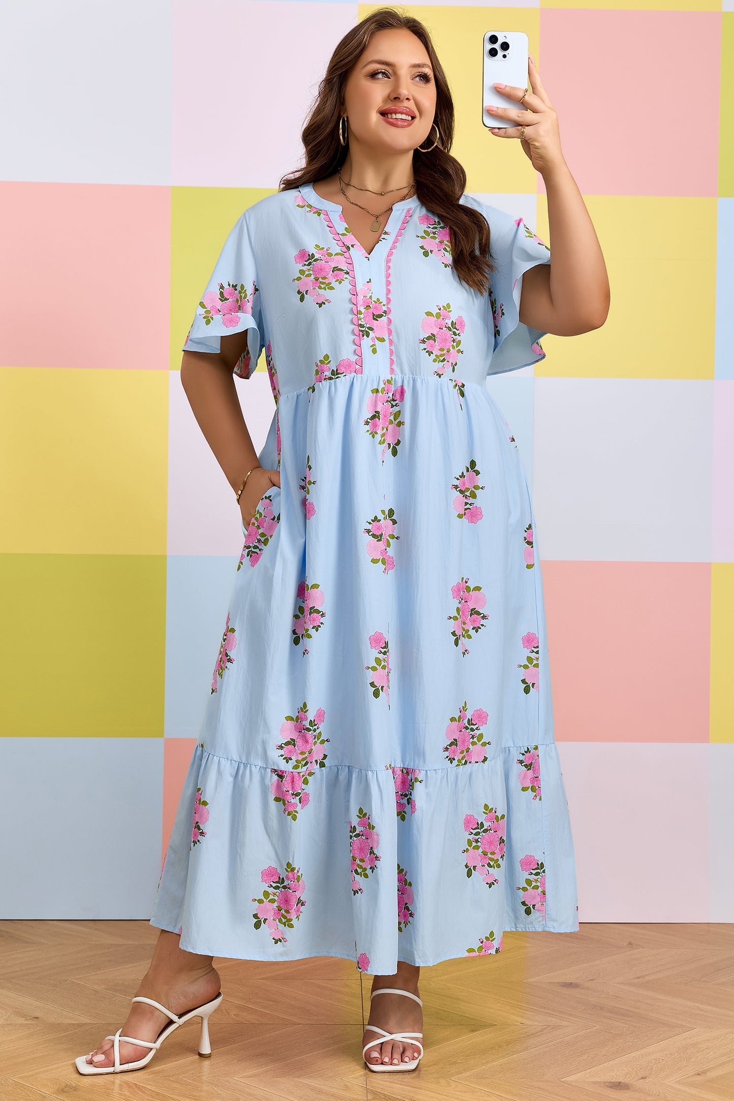Sky Blue Plus Size Floral Print Scalloped Trim V-Neck Dress-Plus Size/Plus Size Dresses/Plus Size Maxi Dresses-[Adult]-[Female]-2022 Online Blue Zone Planet