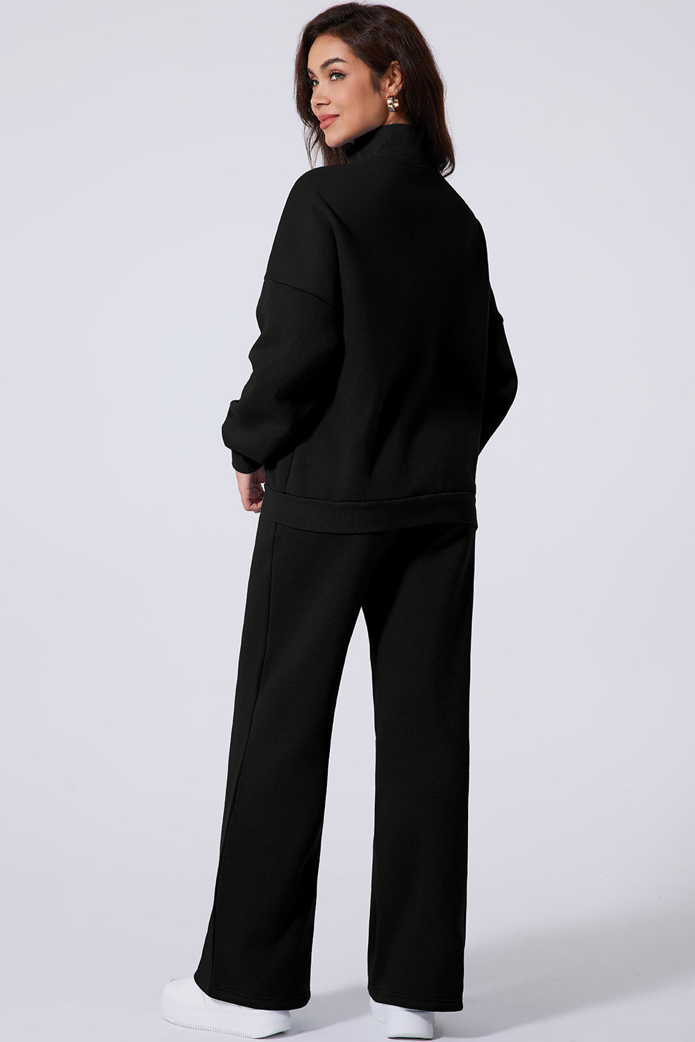 Black Drop Shoulder Zip Up Jacket Drawstring Pants Active 2pcs Set-Activewear/Activewear Sets-[Adult]-[Female]-2022 Online Blue Zone Planet