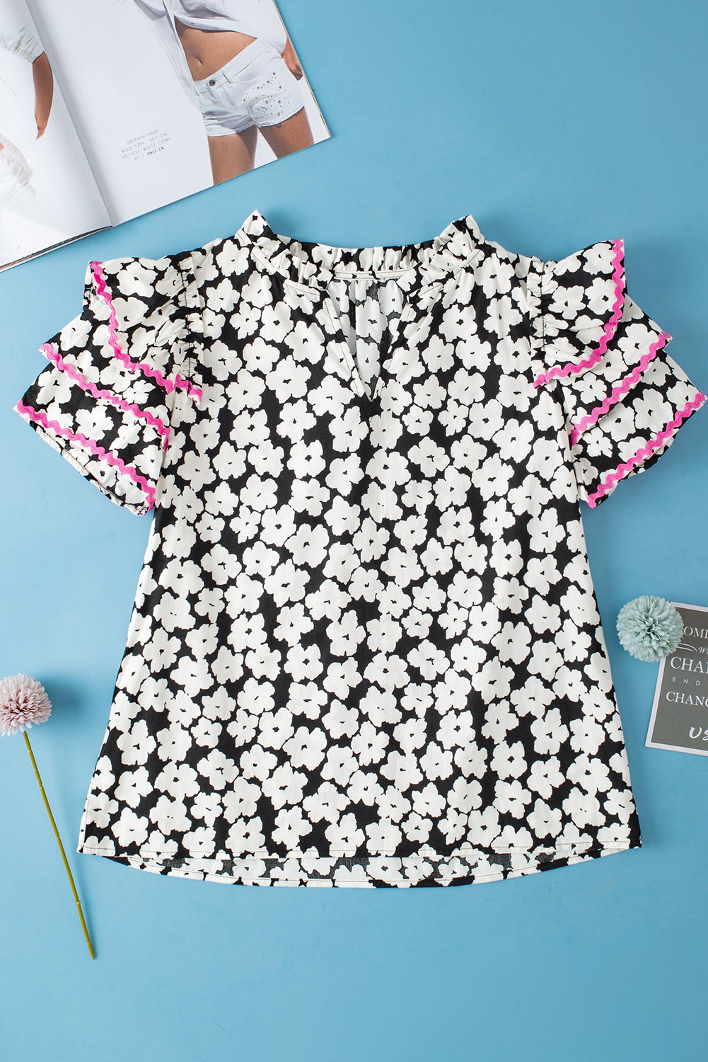 Black Floral Contrast Ric Rac Layered Ruffle Sleeve Blouse-Tops/Blouses & Shirts-[Adult]-[Female]-2022 Online Blue Zone Planet