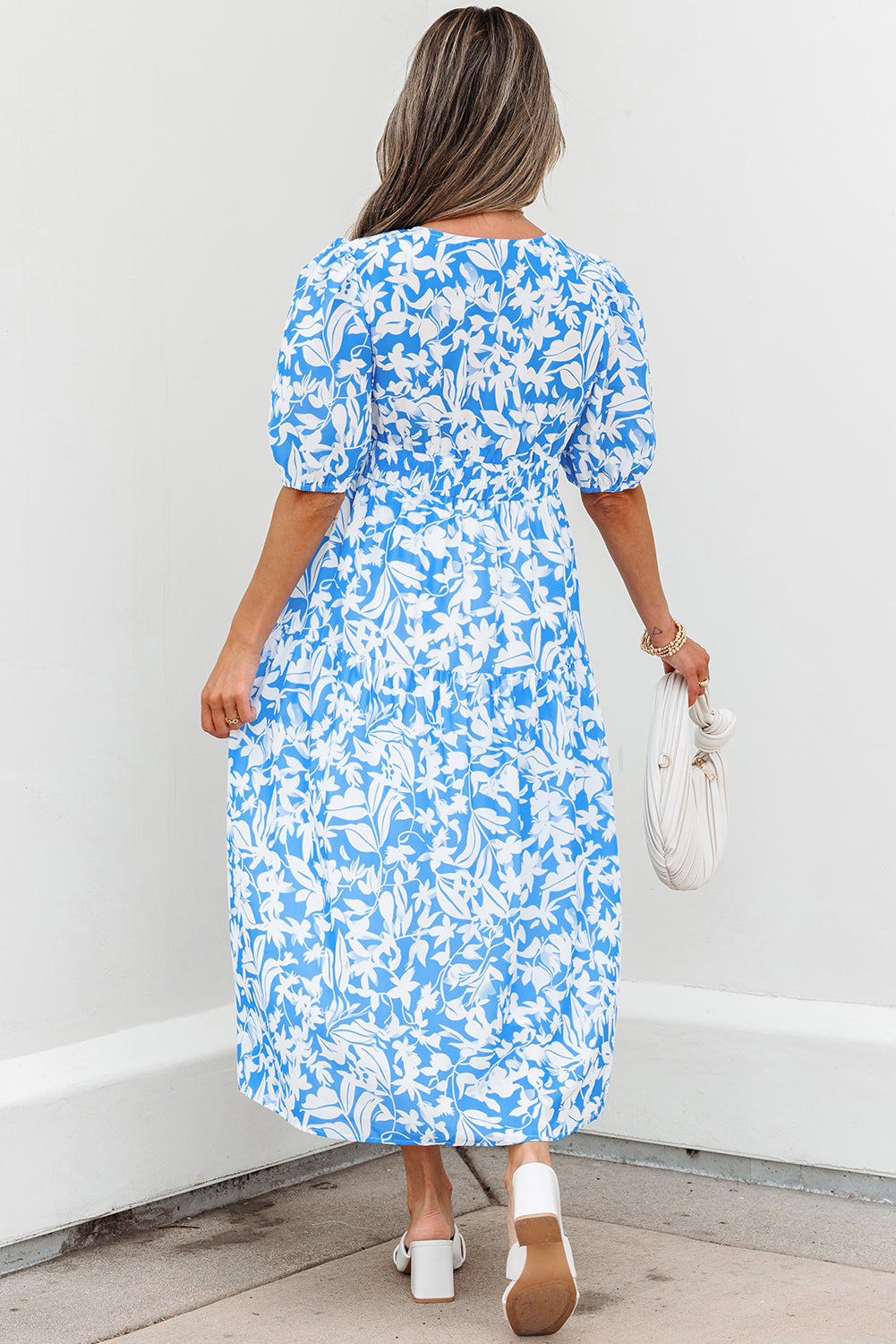 Sky Blue Floral V Neck Puff Short Sleeve Flowy Long Dress-TOPS / DRESSES-[Adult]-[Female]-2022 Online Blue Zone Planet