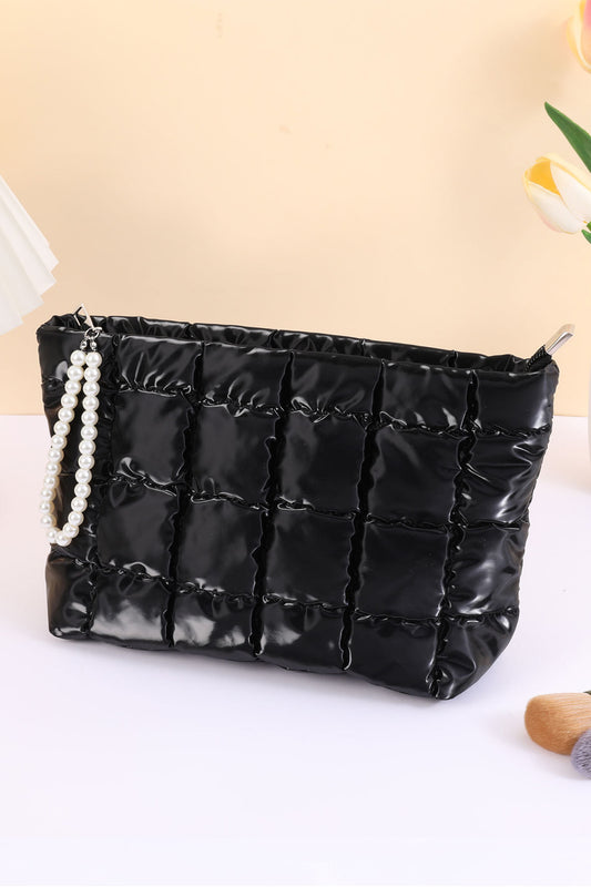 Color black PU Leather Quilted Texture Pearl Chain Zip Makeup Bag-Shoes & Bags/Makeup Bags-[Adult]-[Female]-Color black-ONE SIZE-2022 Online Blue Zone Planet