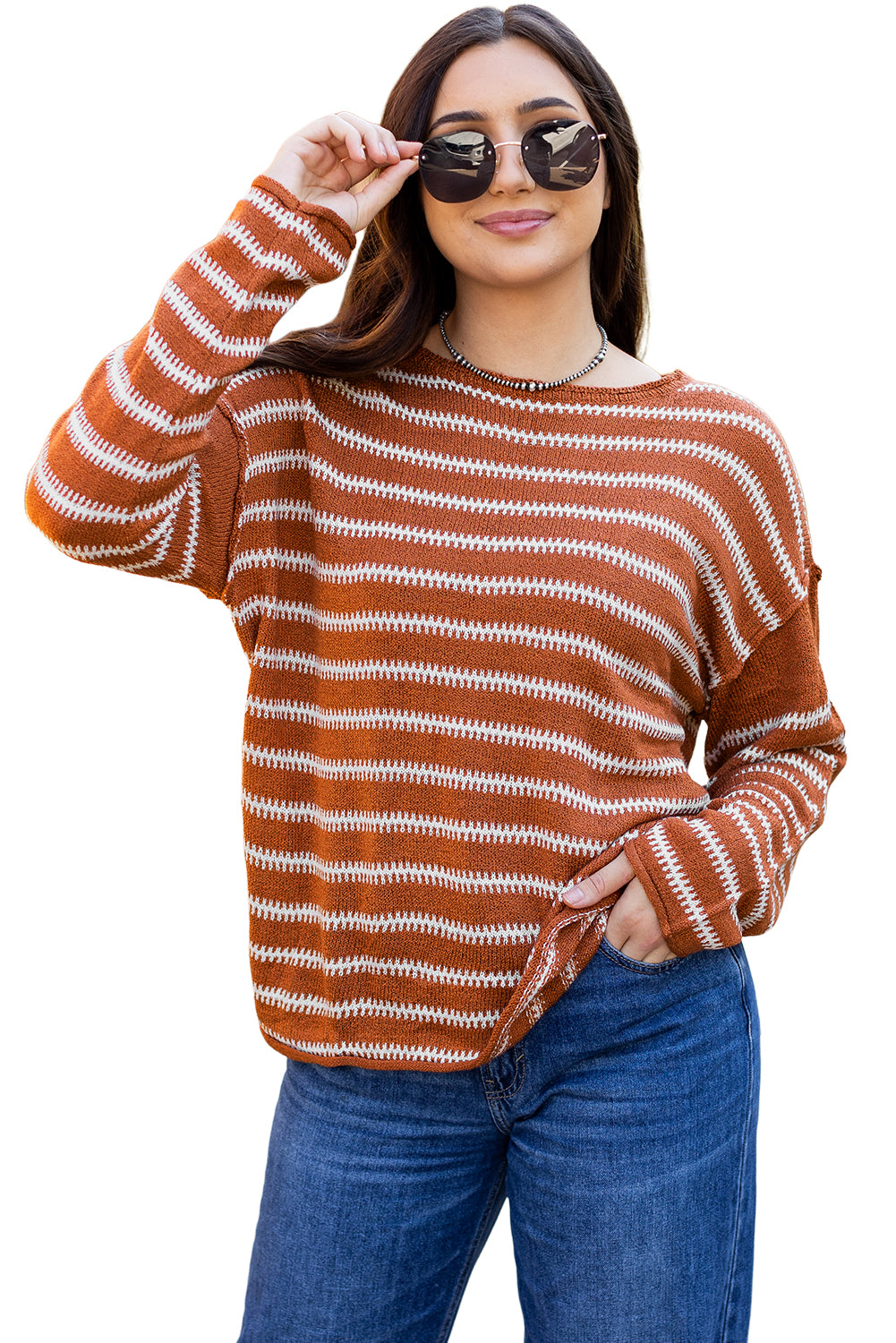 Blue Zone Planet | Green Stripe Drop Shoulder Sweater-TOPS / DRESSES-[Adult]-[Female]-2022 Online Blue Zone Planet