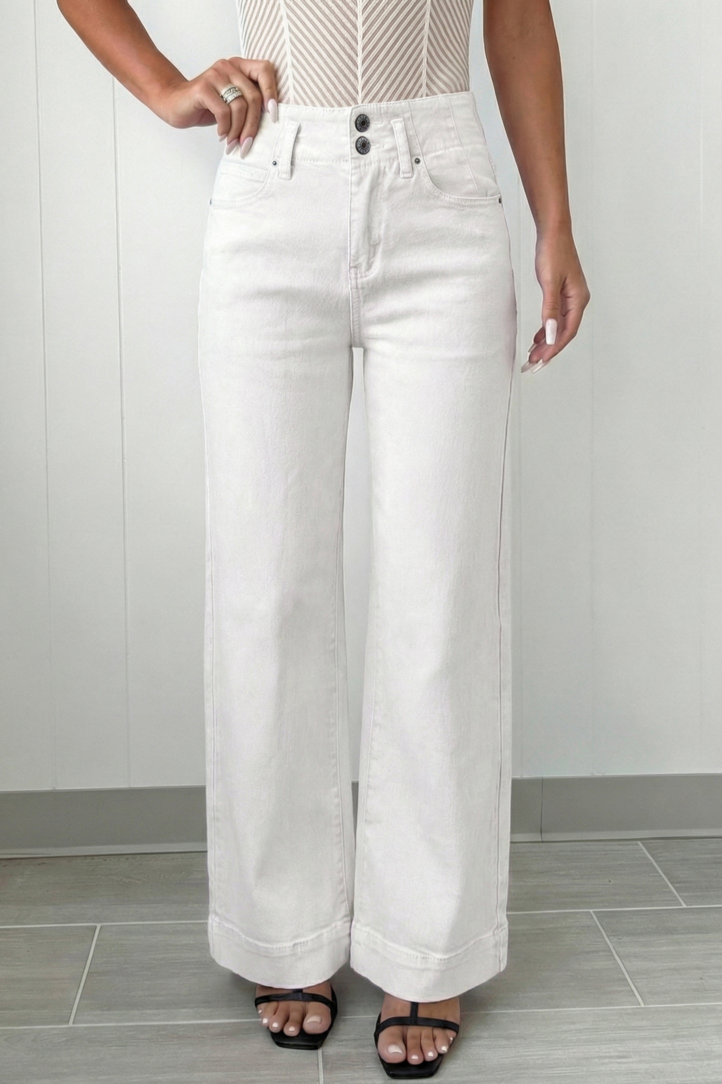 White 2-Button High Waist Wide Leg Jeans-Bottoms/Jeans-[Adult]-[Female]-2022 Online Blue Zone Planet