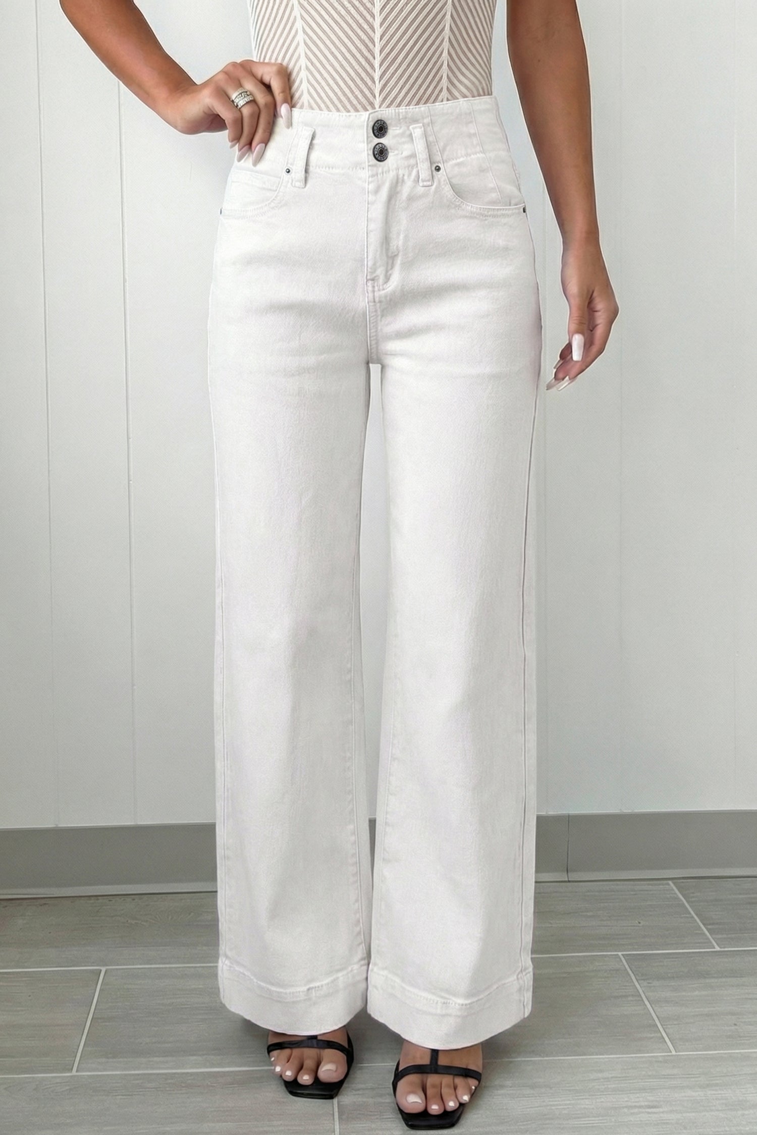 White 2-Button High Waist Wide Leg Jeans-Bottoms/Jeans-[Adult]-[Female]-2022 Online Blue Zone Planet