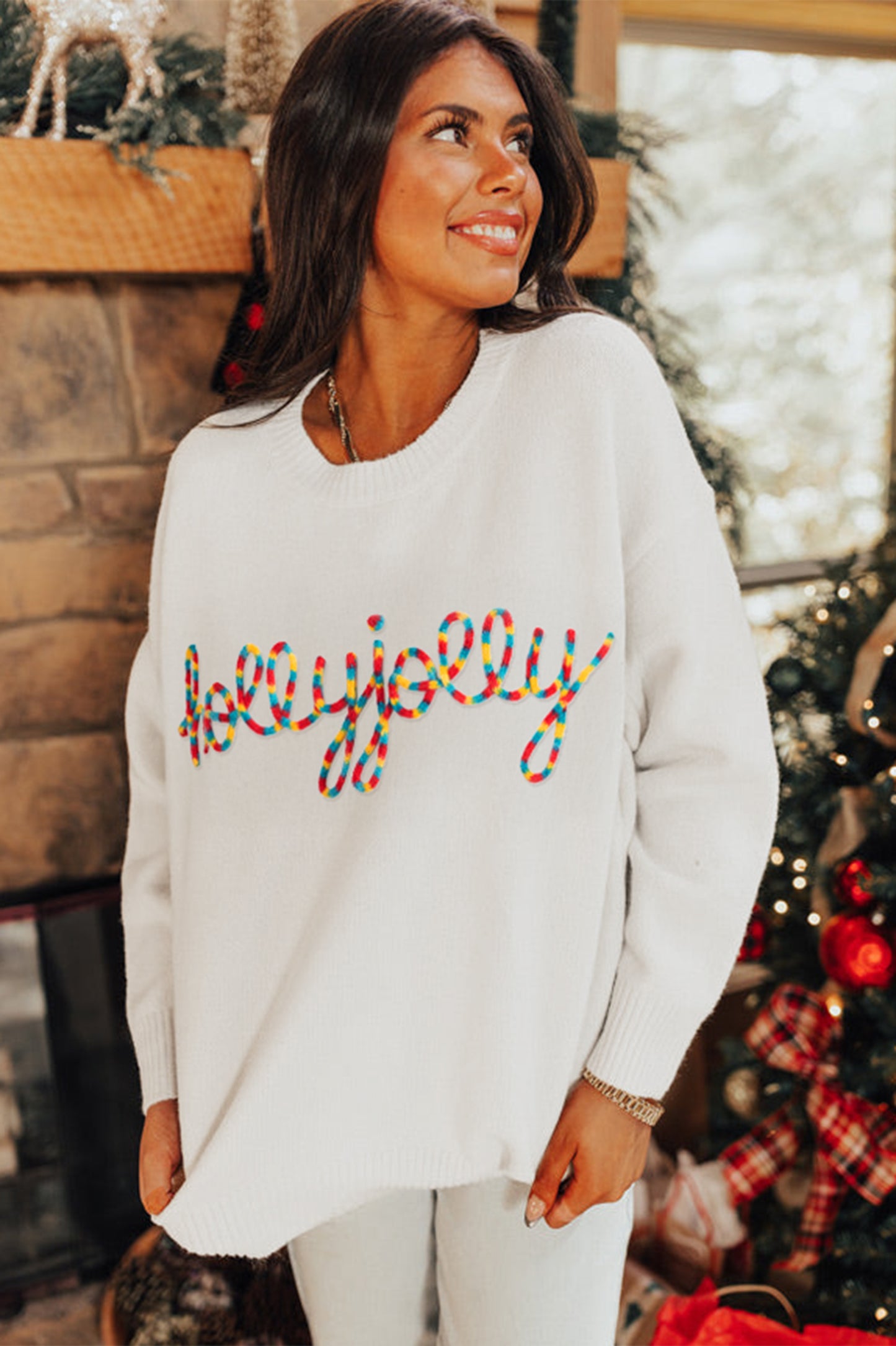 Beige Colorful Holly Jolly Christmas Knit Loose Sweater-TOPS / DRESSES-[Adult]-[Female]-2022 Online Blue Zone Planet