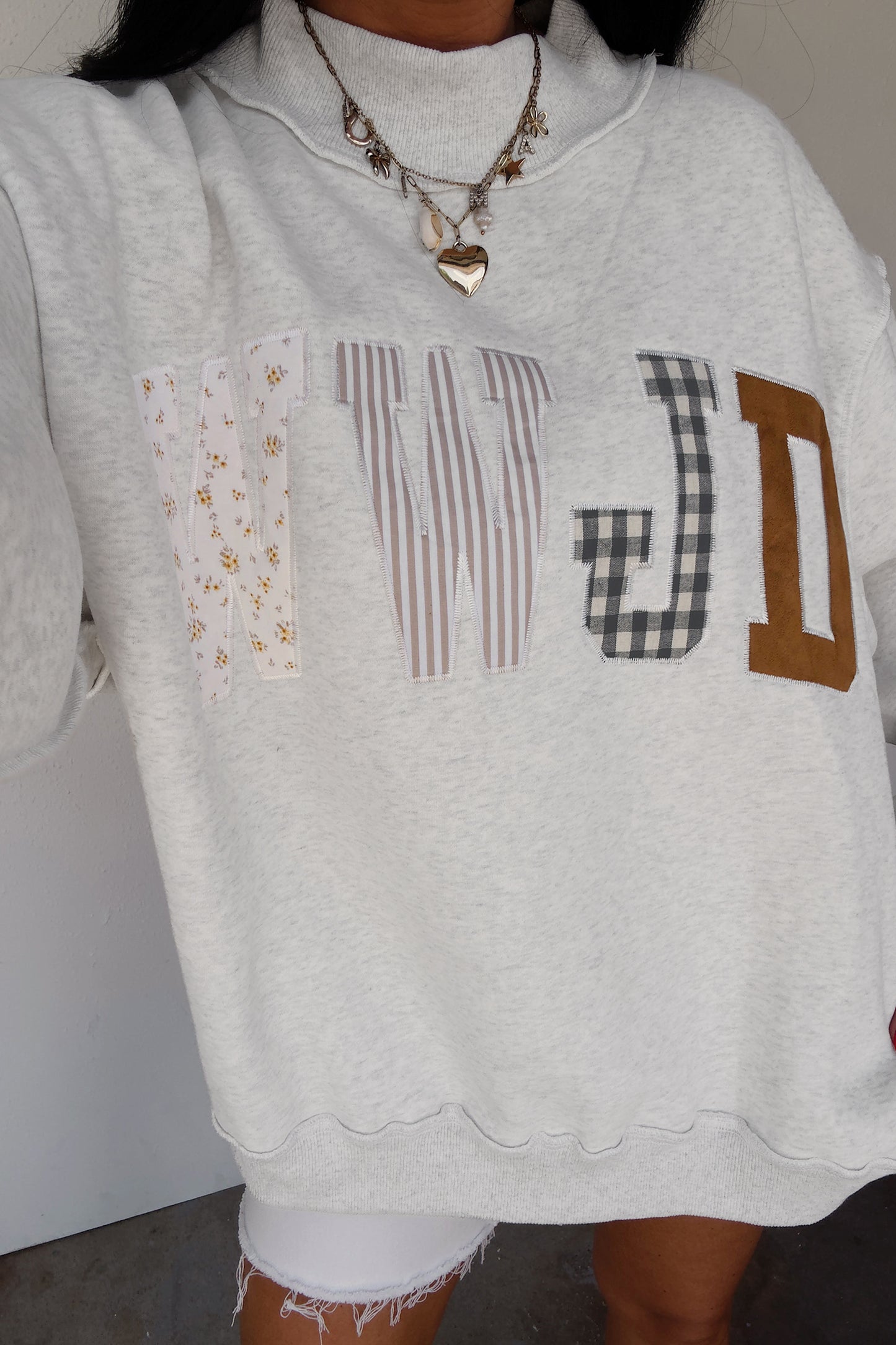 Gray WWJD Mixed Pattern Embroidered Patch Graphic Mock Neck Sweatshirt-Tops/Sweatshirts & Hoodies-[Adult]-[Female]-Gray-S-2022 Online Blue Zone Planet