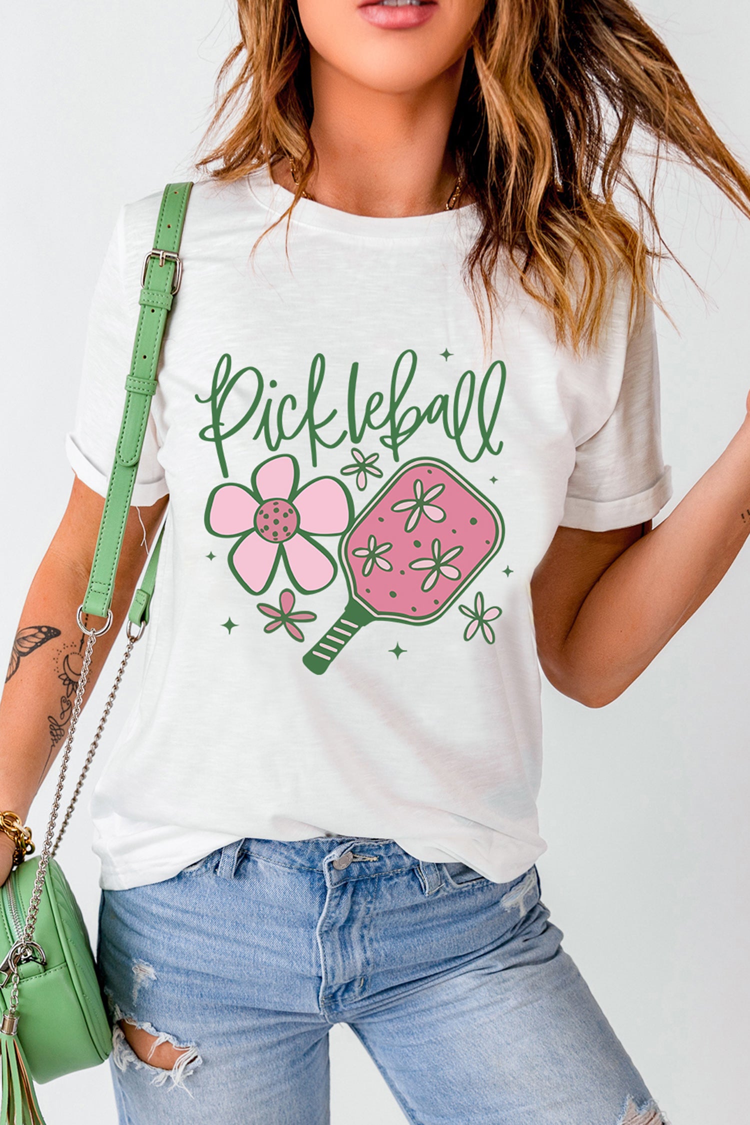 White Pickleball Sweet Flower Printed T Shirt-Graphic/Graphic Tees-[Adult]-[Female]-2022 Online Blue Zone Planet