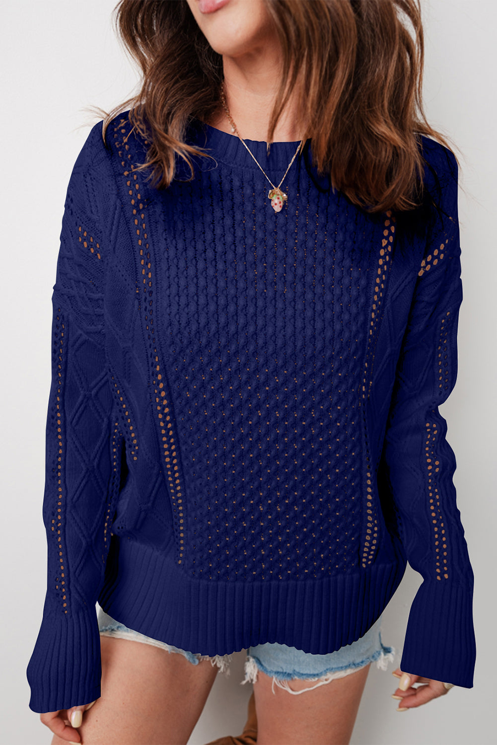 Navy Blue Mix Texture Knit Eyelet Detail Casual Sweater-TOPS / DRESSES-[Adult]-[Female]-Navy Blue-S-2022 Online Blue Zone Planet