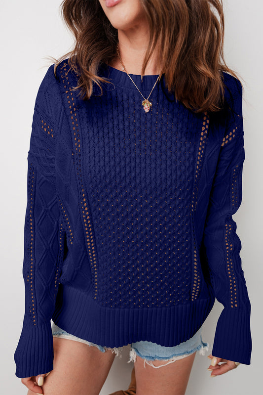 Navy Blue Mix Texture Knit Eyelet Detail Casual Sweater-TOPS / DRESSES-[Adult]-[Female]-Navy Blue-S-2022 Online Blue Zone Planet