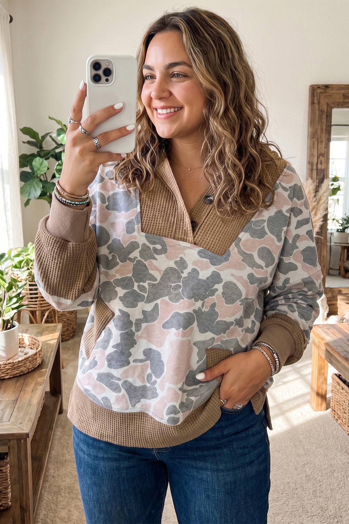 Khaki Camouflage Print Waffle Knit Patchwork Half Zip Plus Size Hoodie-Tops / Dresses-[Adult]-[Female]-2022 Online Blue Zone Planet