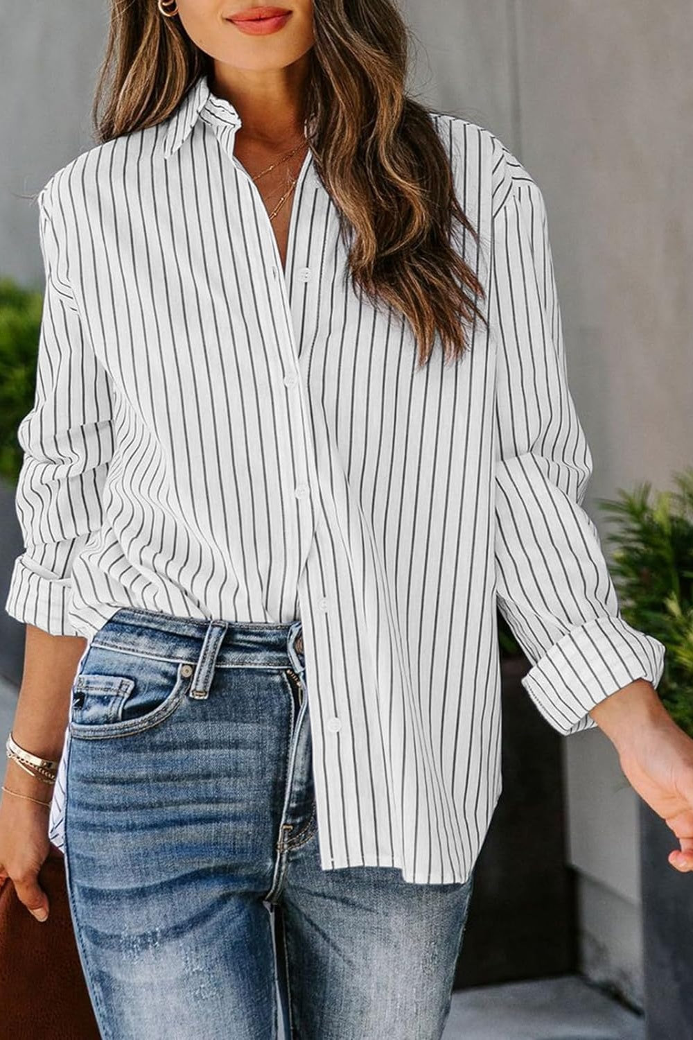 Blue Zone Planet | Lovelet Striped Button Up Long Sleeve Shirt-TOPS / DRESSES-[Adult]-[Female]-White-S-2022 Online Blue Zone Planet