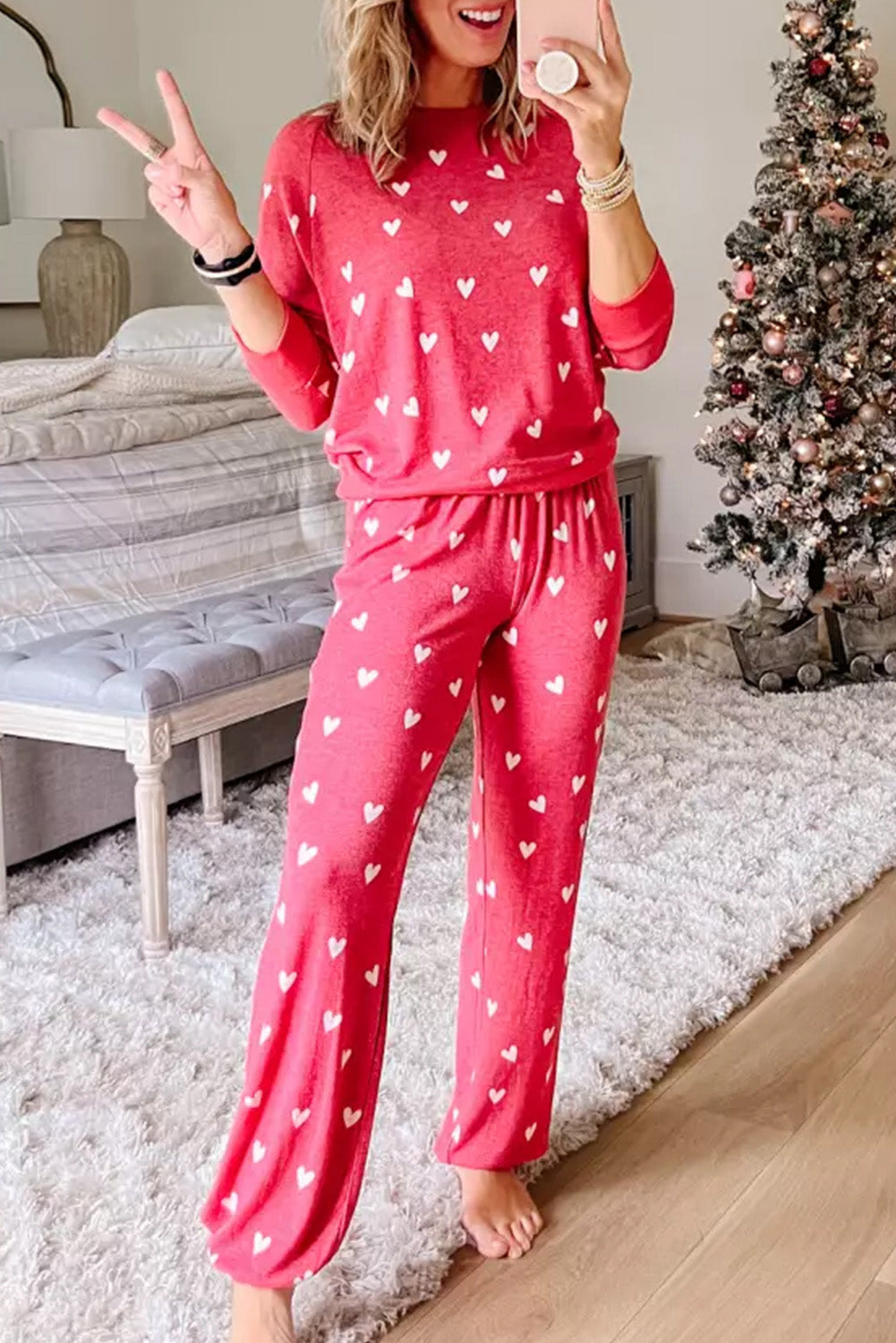 Fiery Red Valentines Heart Print Pants Set-Loungewear & Sleepwear/Sleepwear-[Adult]-[Female]-Fiery Red-S-2022 Online Blue Zone Planet