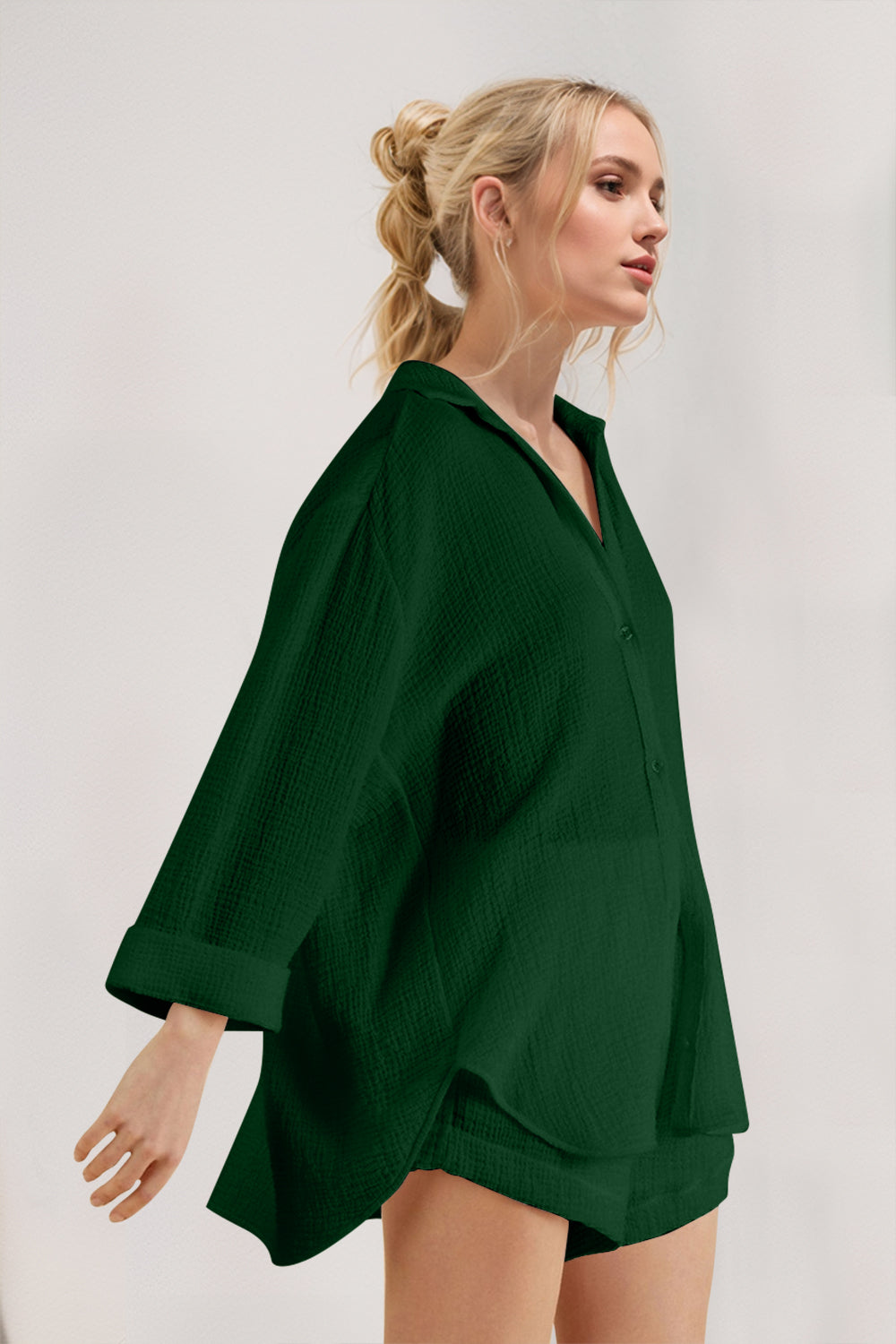 Basic Bae Breathable Button Down Long Sleeve Top and Shorts Set-TOPS / DRESSES-[Adult]-[Female]-Dark Green-S-2022 Online Blue Zone Planet