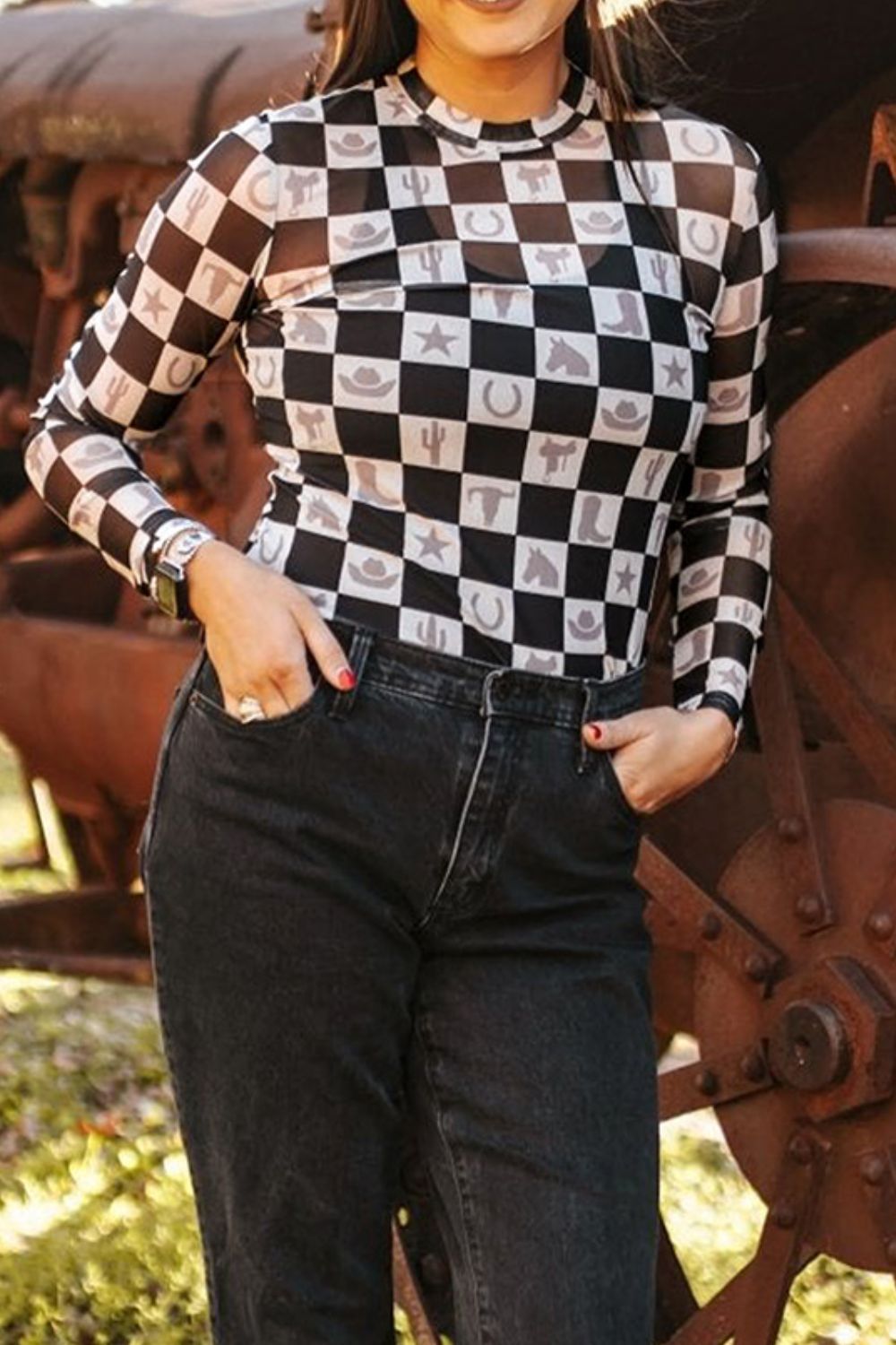 Checkered Mock Neck Long Sleeve Top-TOPS / DRESSES-[Adult]-[Female]-2022 Online Blue Zone Planet