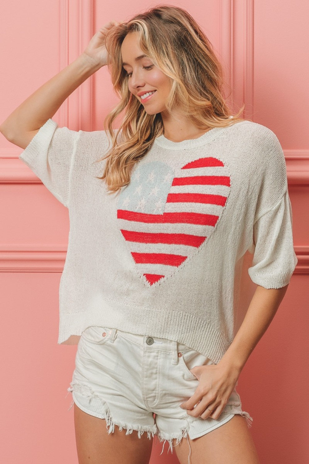 BiBi Striped Heart Contrast Knit Top-TOPS / DRESSES-[Adult]-[Female]-Off White-S-2022 Online Blue Zone Planet