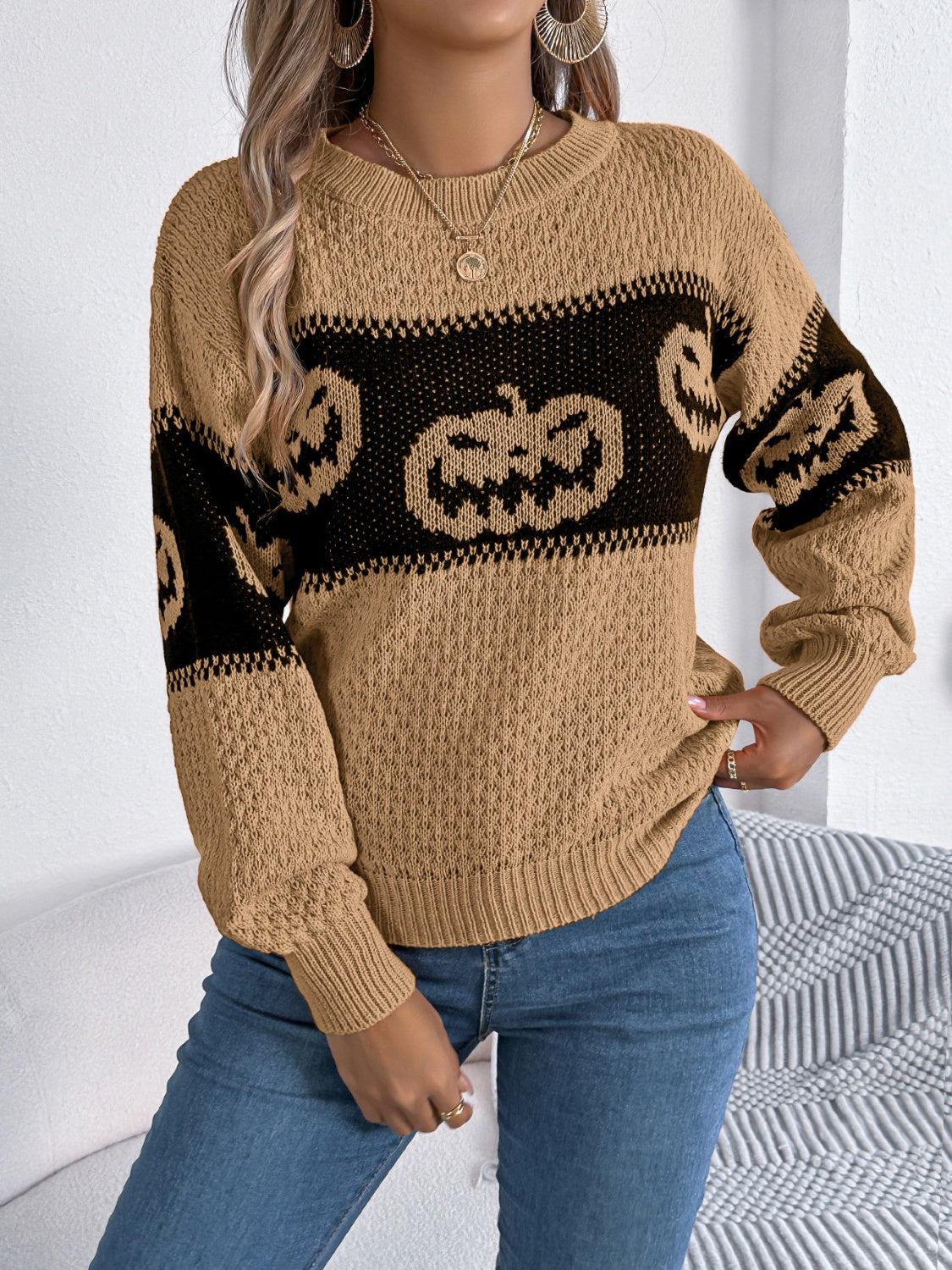 Pumpkin Round Neck Long Sleeve Sweater-TOPS / DRESSES-[Adult]-[Female]-Camel-S-2022 Online Blue Zone Planet