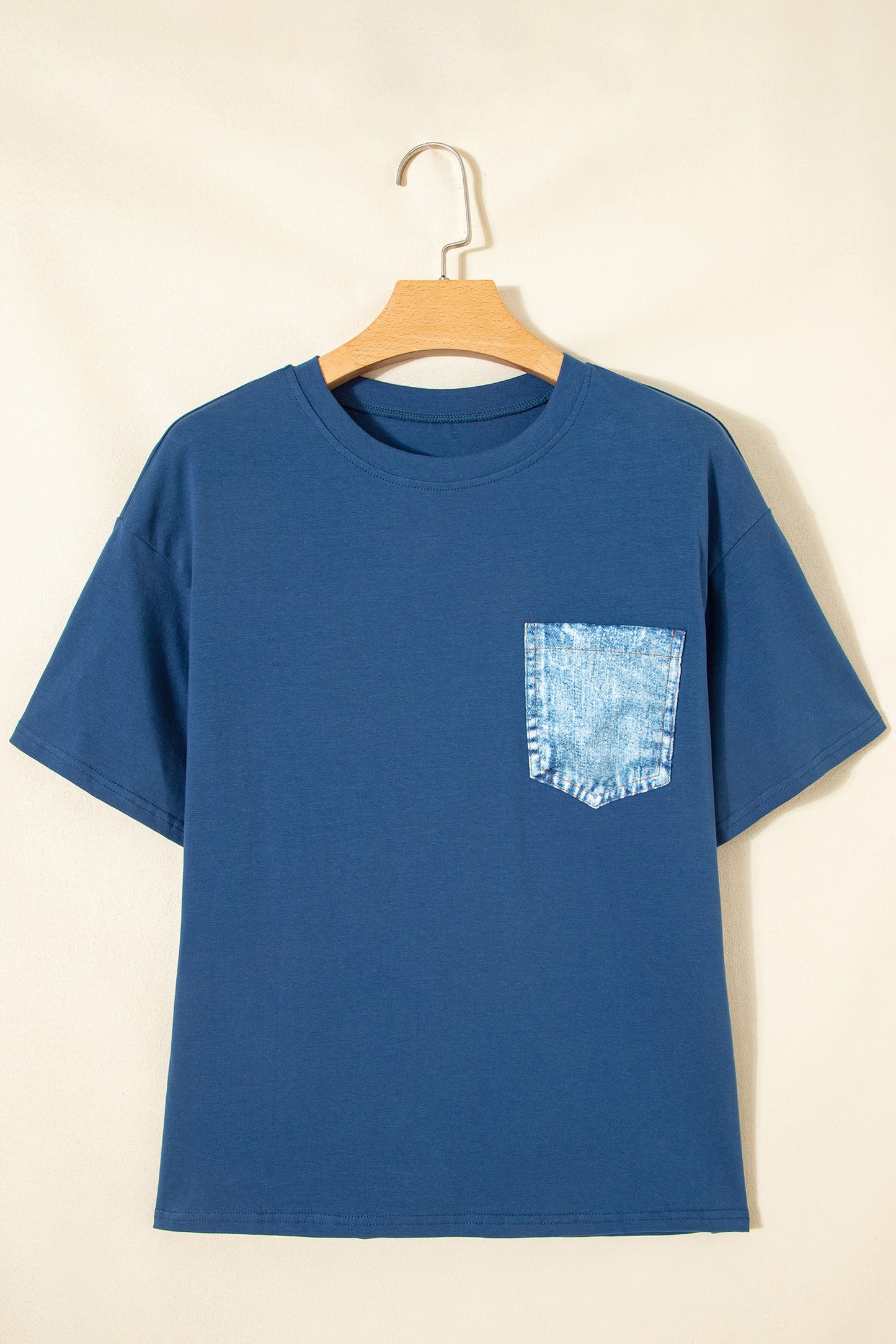 Sail Blue Color Block Chest Pocket Patched Casual Short Sleeve Top-Tops/Tops & Tees-[Adult]-[Female]-2022 Online Blue Zone Planet