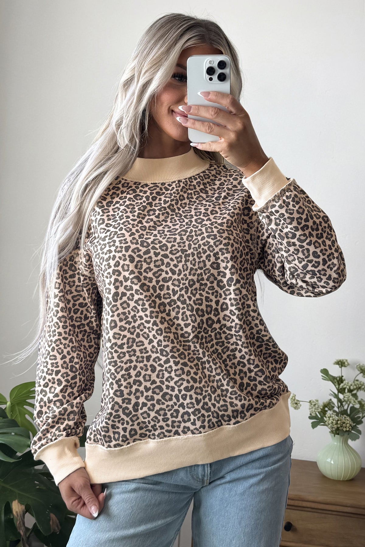 Multicolour Leopard Print High Neck Long Sleeve Ribbed Cuffs Hem Sweatshirt-Tops/Sweatshirts & Hoodies-[Adult]-[Female]-2022 Online Blue Zone Planet