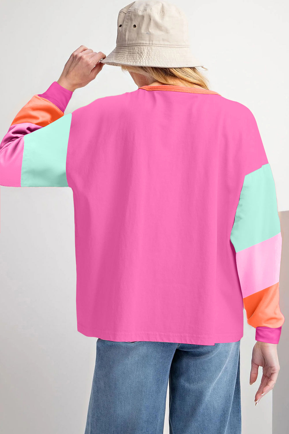 Green Colorblock Patchwork Long Sleeve Loose Top-Tops/Long Sleeve Tops-[Adult]-[Female]-2022 Online Blue Zone Planet